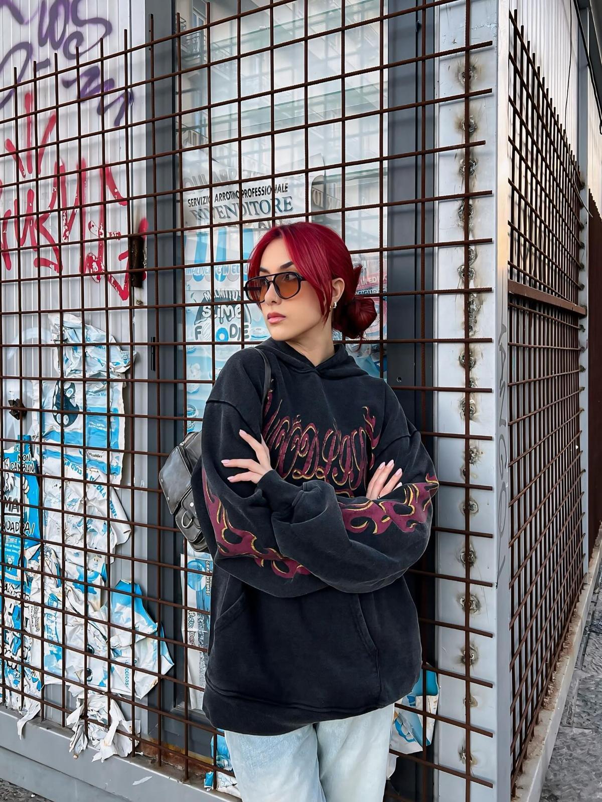 Concert Outfit Flame Letter Washed Hoodie