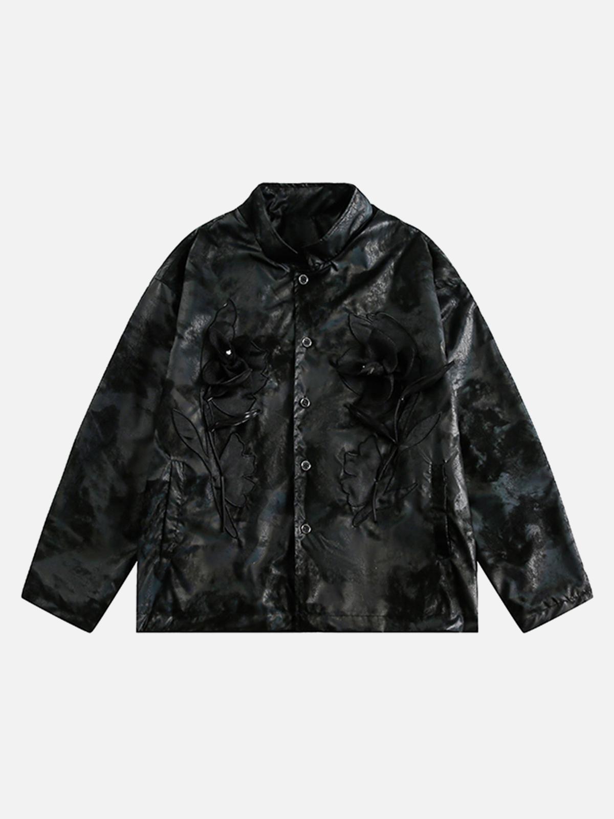 Concert Outfit Floral Stand Collar Leather Jacket