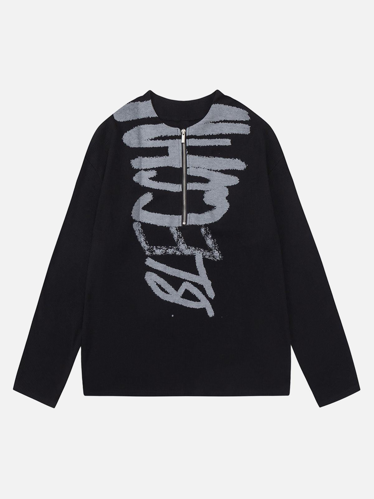 Concert Outfit Half Zip Crew Neck Printed Knitted Sweater