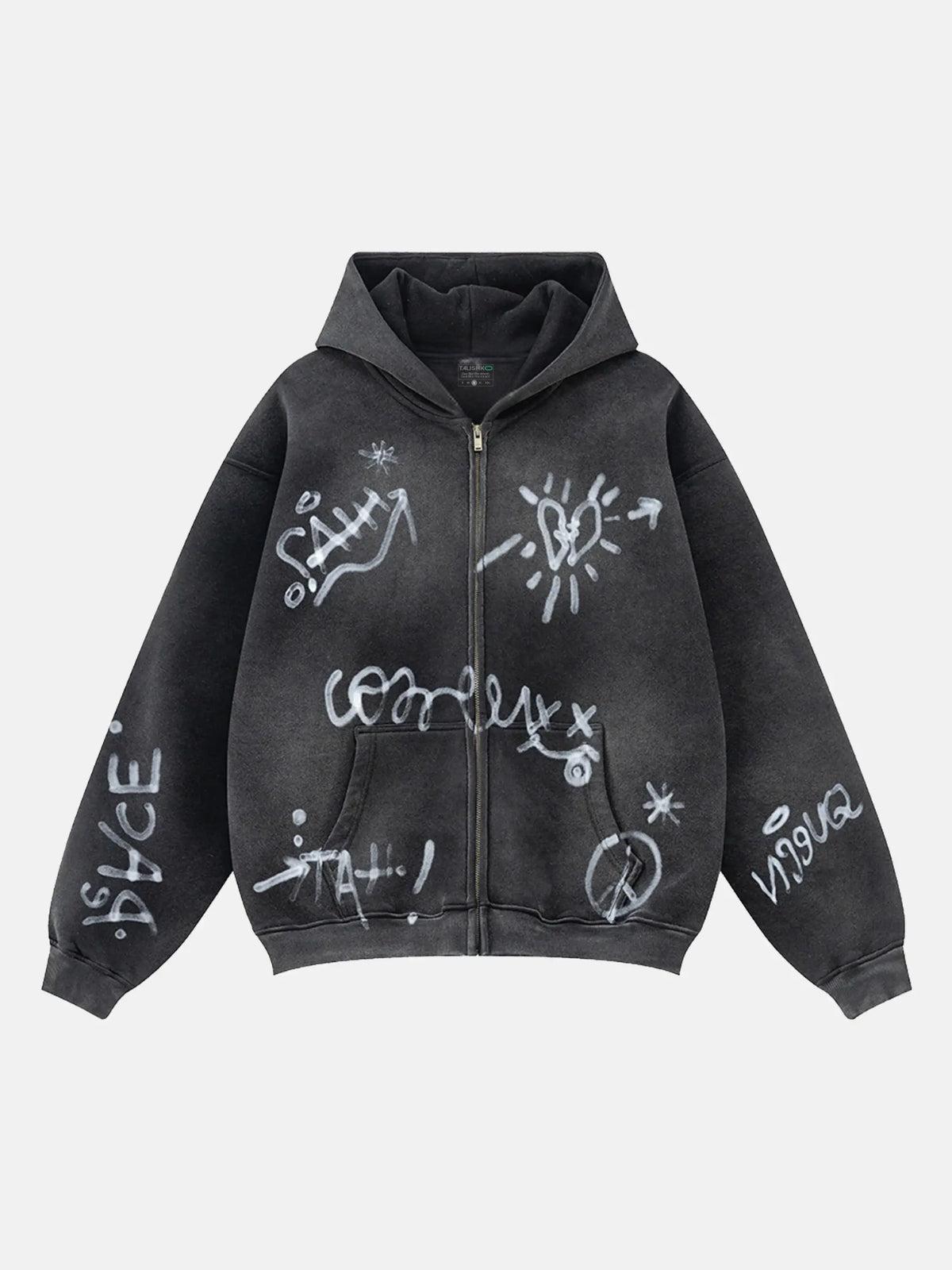 Concert Outfit Hand-Drawn Graffiti Washed Thick Hoodie