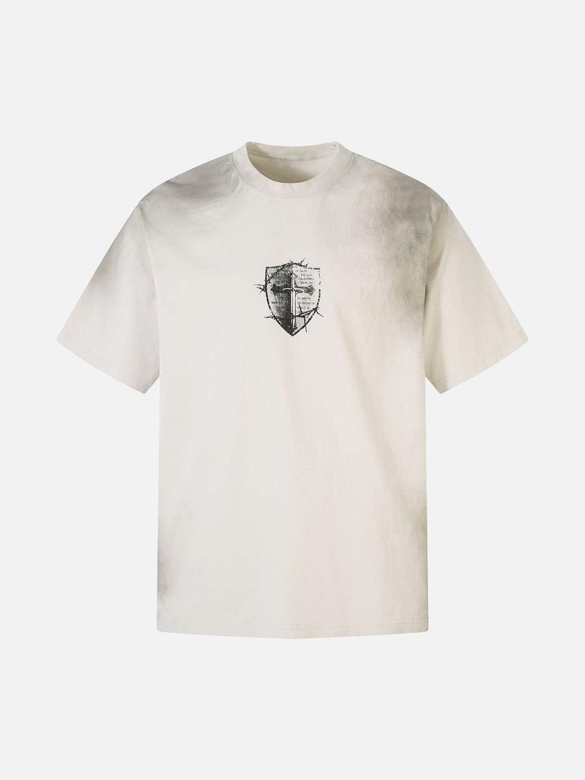 Concert Outfit Heavy Cotton Washed Cross Shield Print T-Shirt