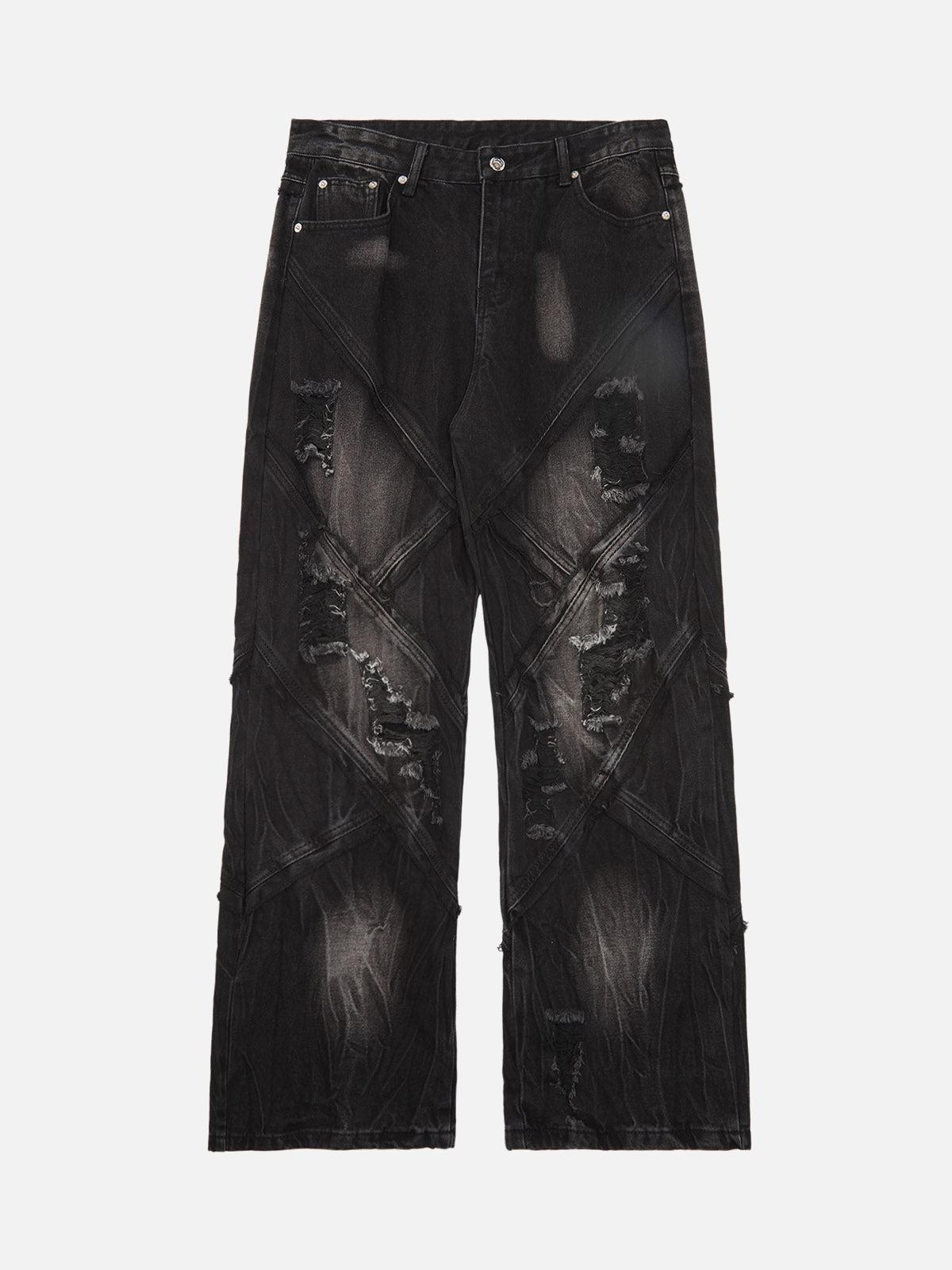 Concert Outfit Heavy Washed Ripped Plaid Stitching Hip-Hop Jeans