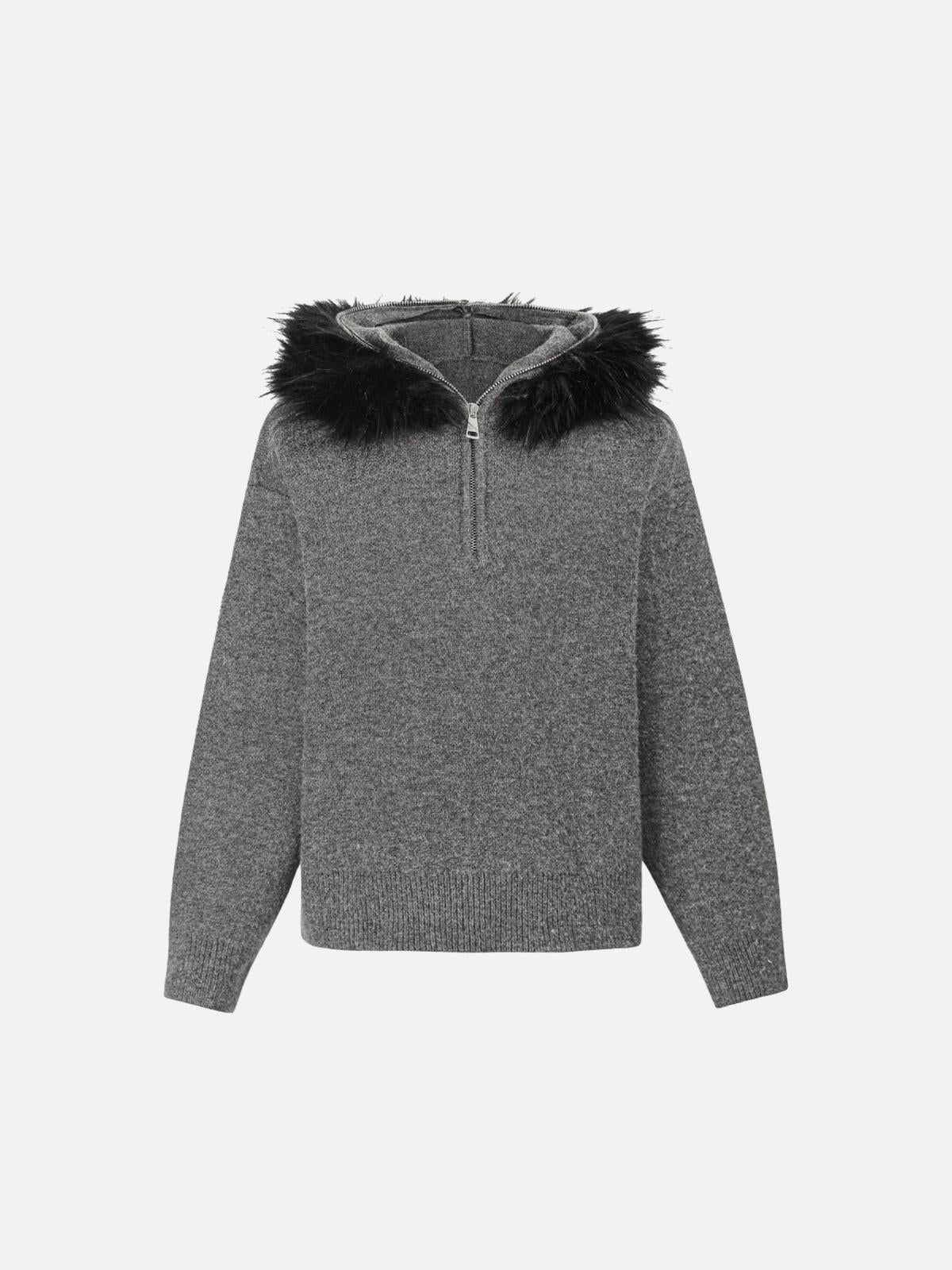 Concert Outfit High Street Detachable Fur Collar Half-Zipped Sweater