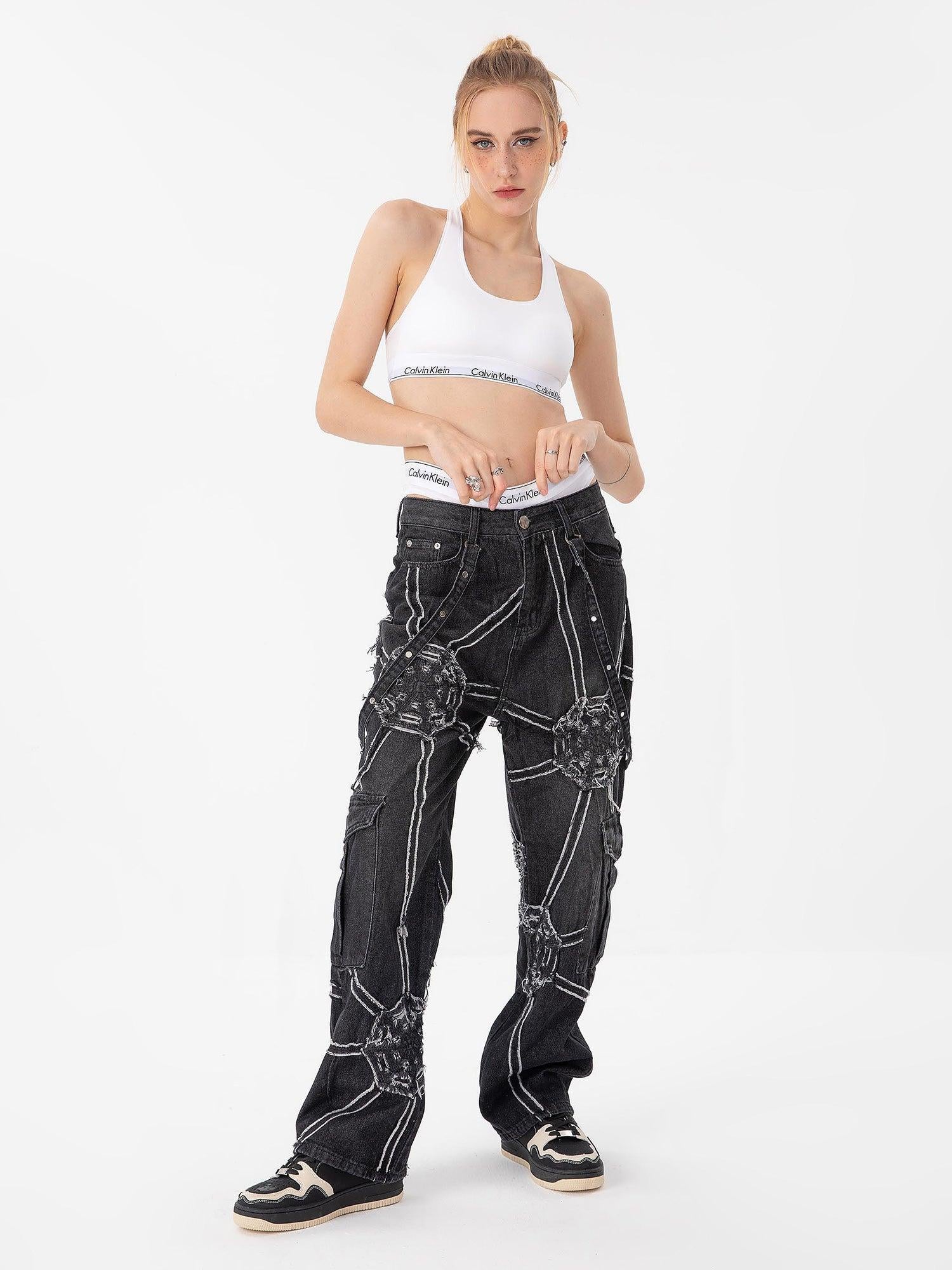 Concert Outfit High Street Hip-Hop Spider Web Denim Pants