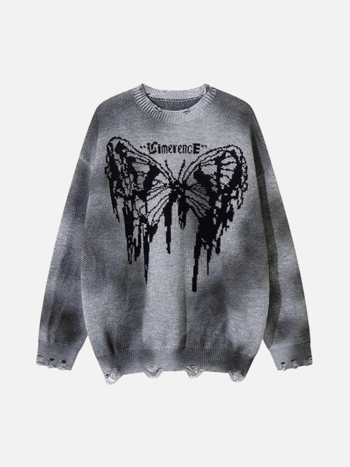 Concert Outfit Hip-Hop Lazy Style Butterfly Jacquard Ripped Sweater