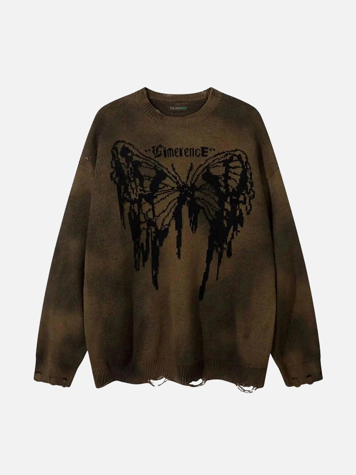 Concert Outfit Hip-Hop Lazy Style Butterfly Jacquard Ripped Sweater