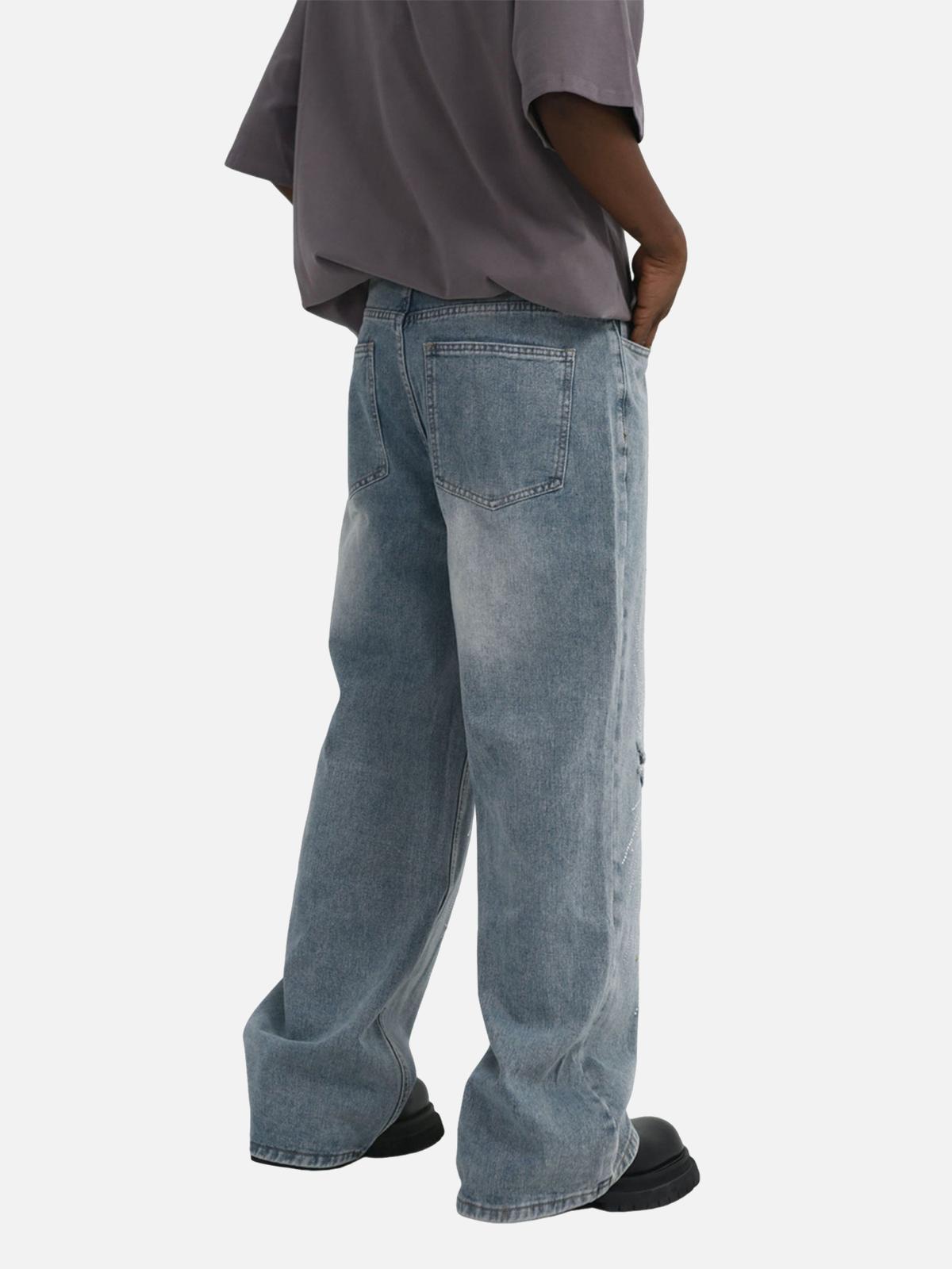 Concert Outfit Hip-Hop Shining Cross Hot Diamond Distressed Washed  Baggy Jeans