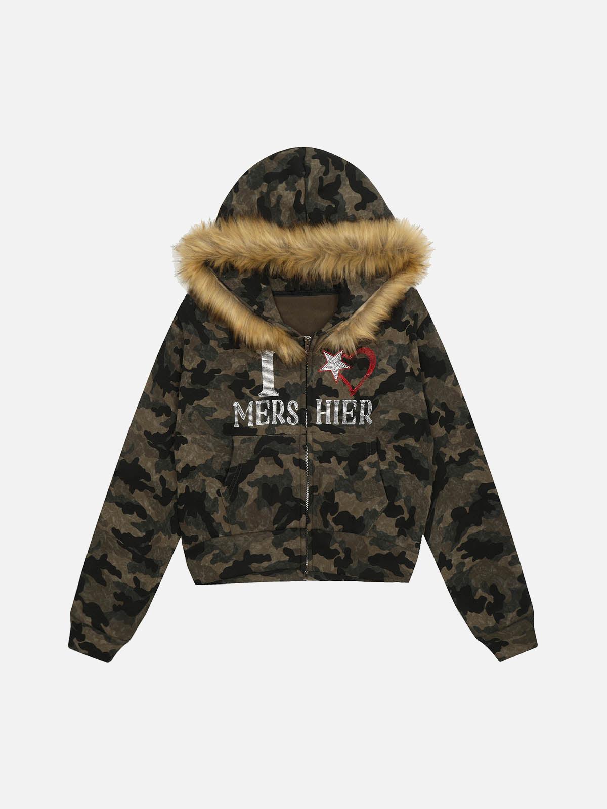 Concert Outfit Hotfix Rhinestones Camouflage Fur Hooded Fleece Jacket