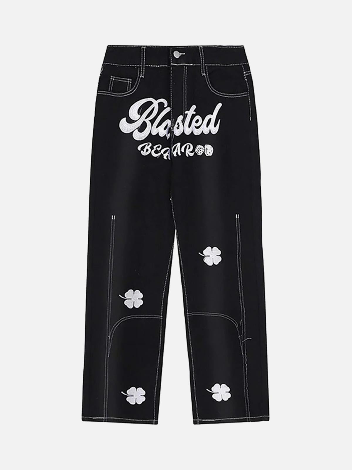 Concert Outfit Letter Lucky Clover Embroidered Baggy Jeans