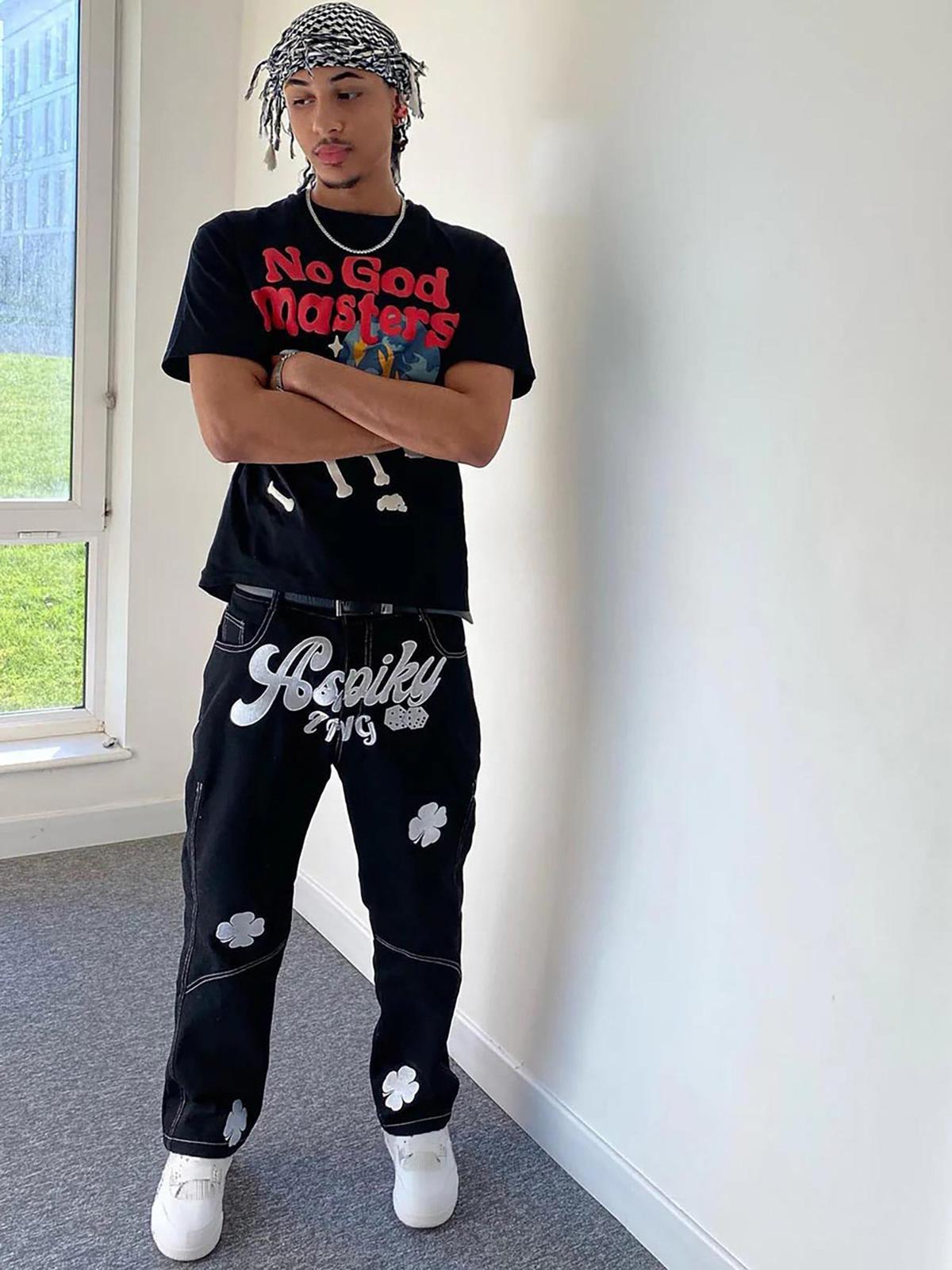 Concert Outfit Letter Lucky Clover Embroidered Baggy Jeans