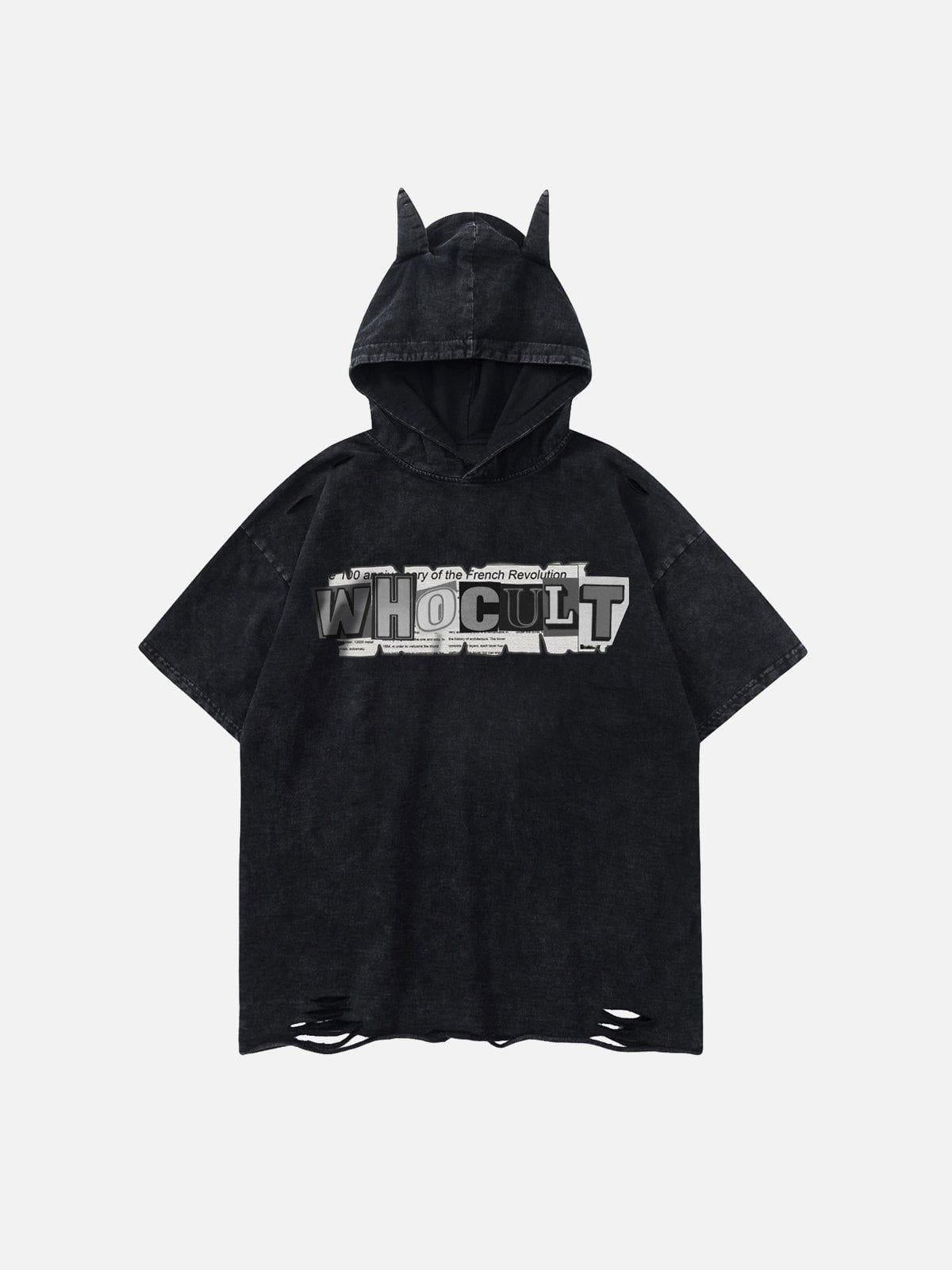 Concert Outfit Letter Print Ripped Hooded Tee