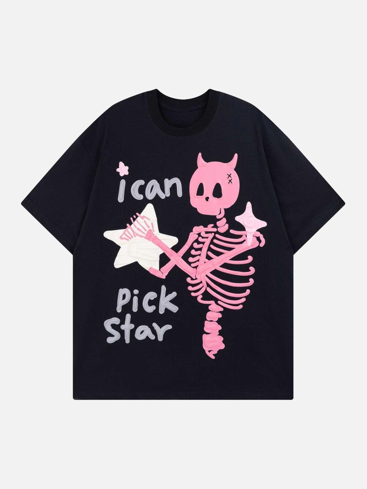 Concert Outfit Made Retro Skull Letter Foam T-Shirt