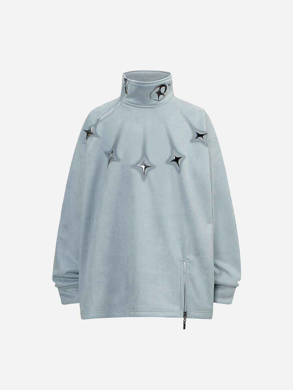 Concert Outfit Metal Button Multi Zipper Suede Fleece Sweatshirt