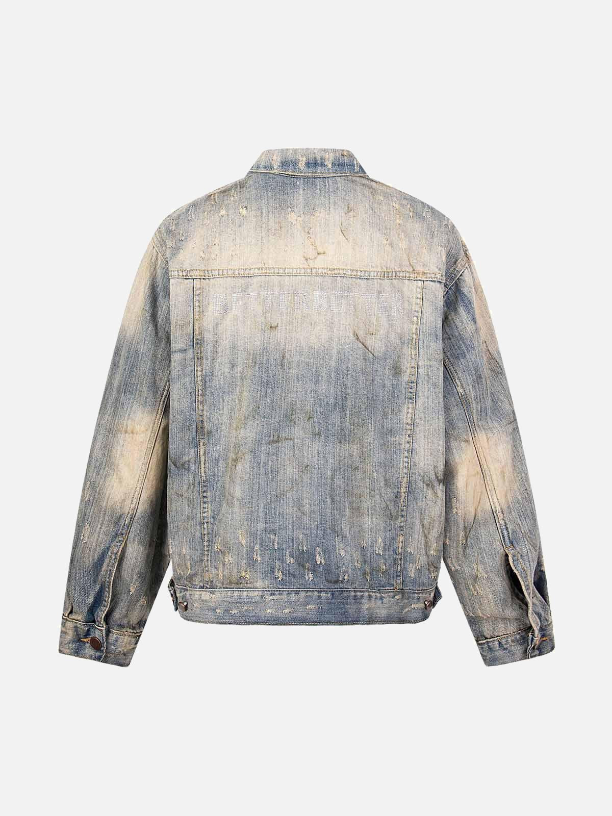 Concert Outfit Mud-Dyed Distressed Rhinestone Denim Jacket