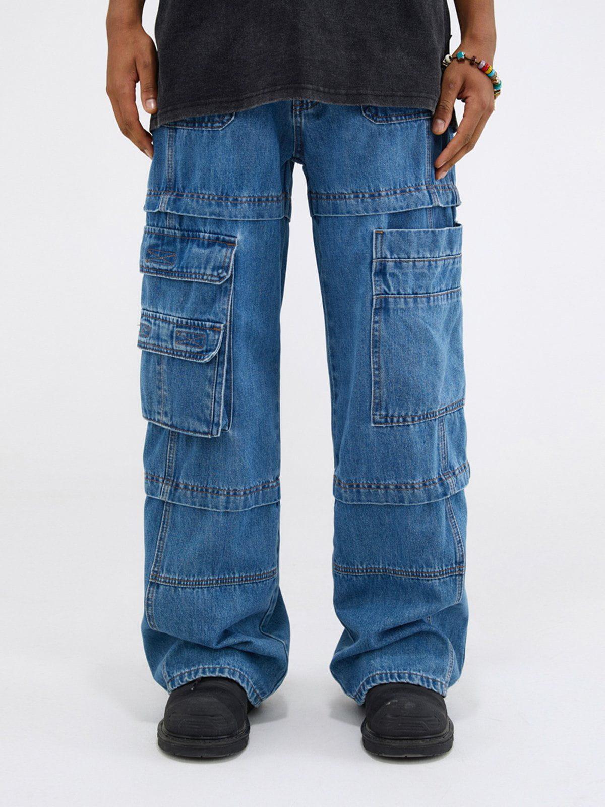 Concert Outfit Multi Pocket Patchwork Straight-Leg Jeans
