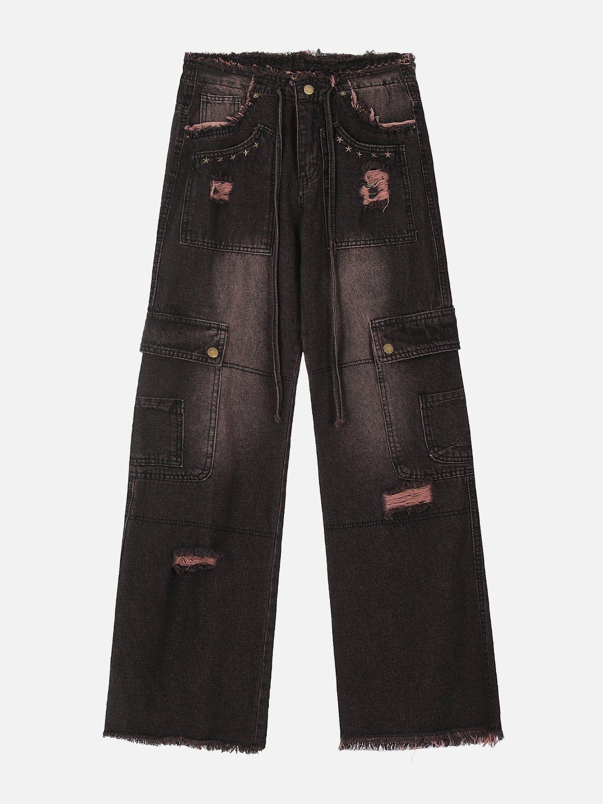Concert Outfit Multi-Pocket Ribbon Raw Edge Jeans