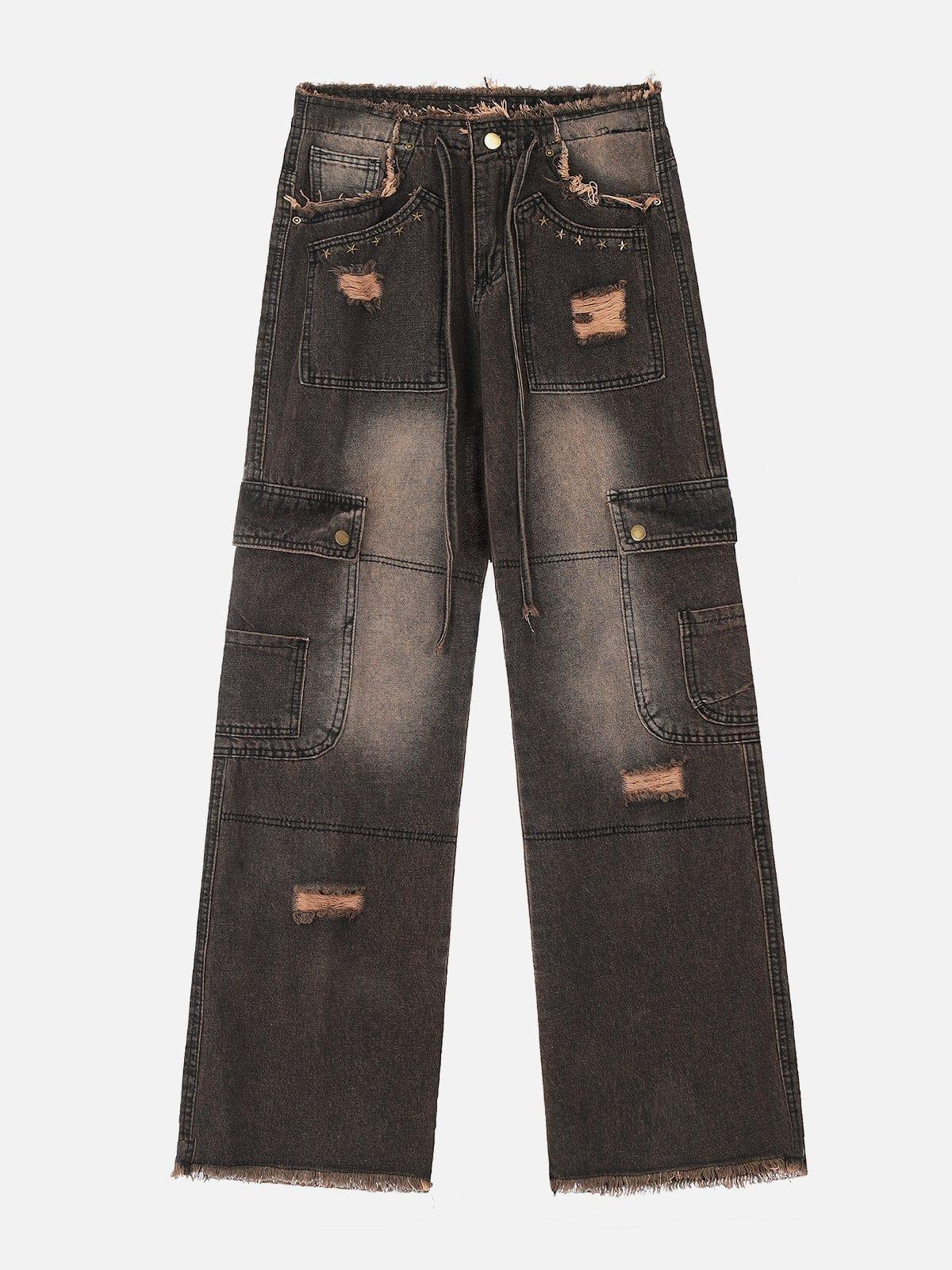 Concert Outfit Multi-Pocket Ribbon Raw Edge Jeans