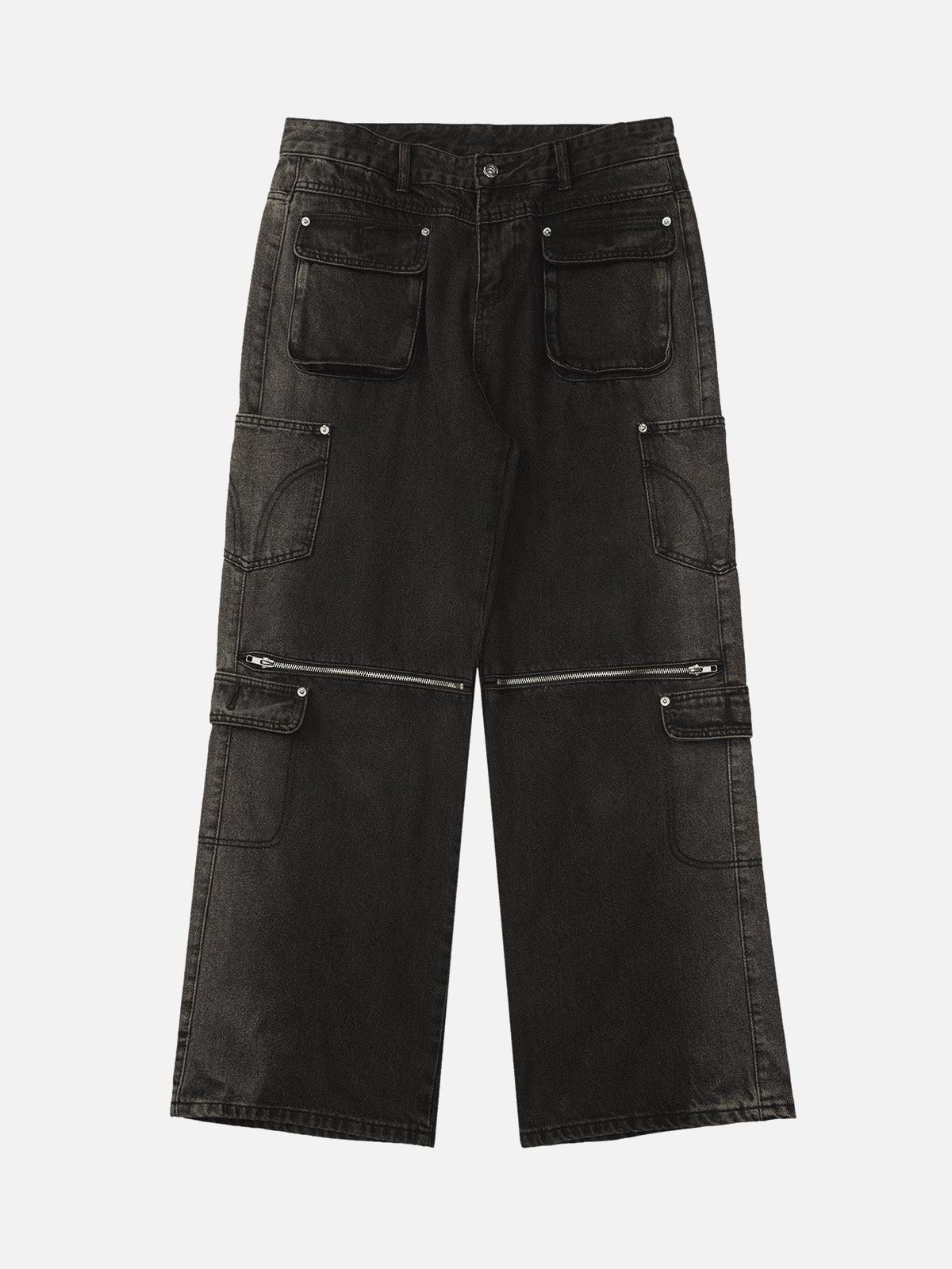Concert Outfit Multi-Pocket Zipper Design Washed Hip-Hop Jeans