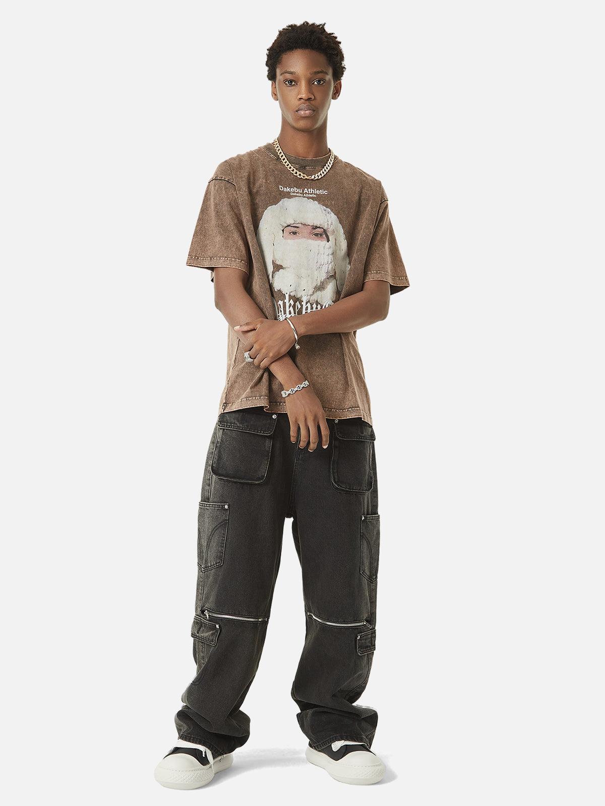 Concert Outfit Multi-Pocket Zipper Design Washed Hip-Hop Jeans