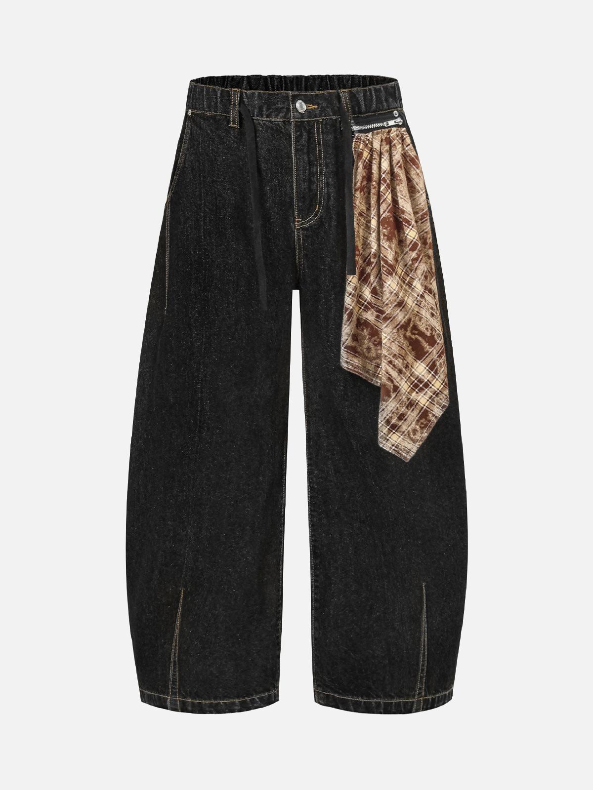 Concert Outfit Patchwork Plaid Pleated Baggy Barrel Jeans
