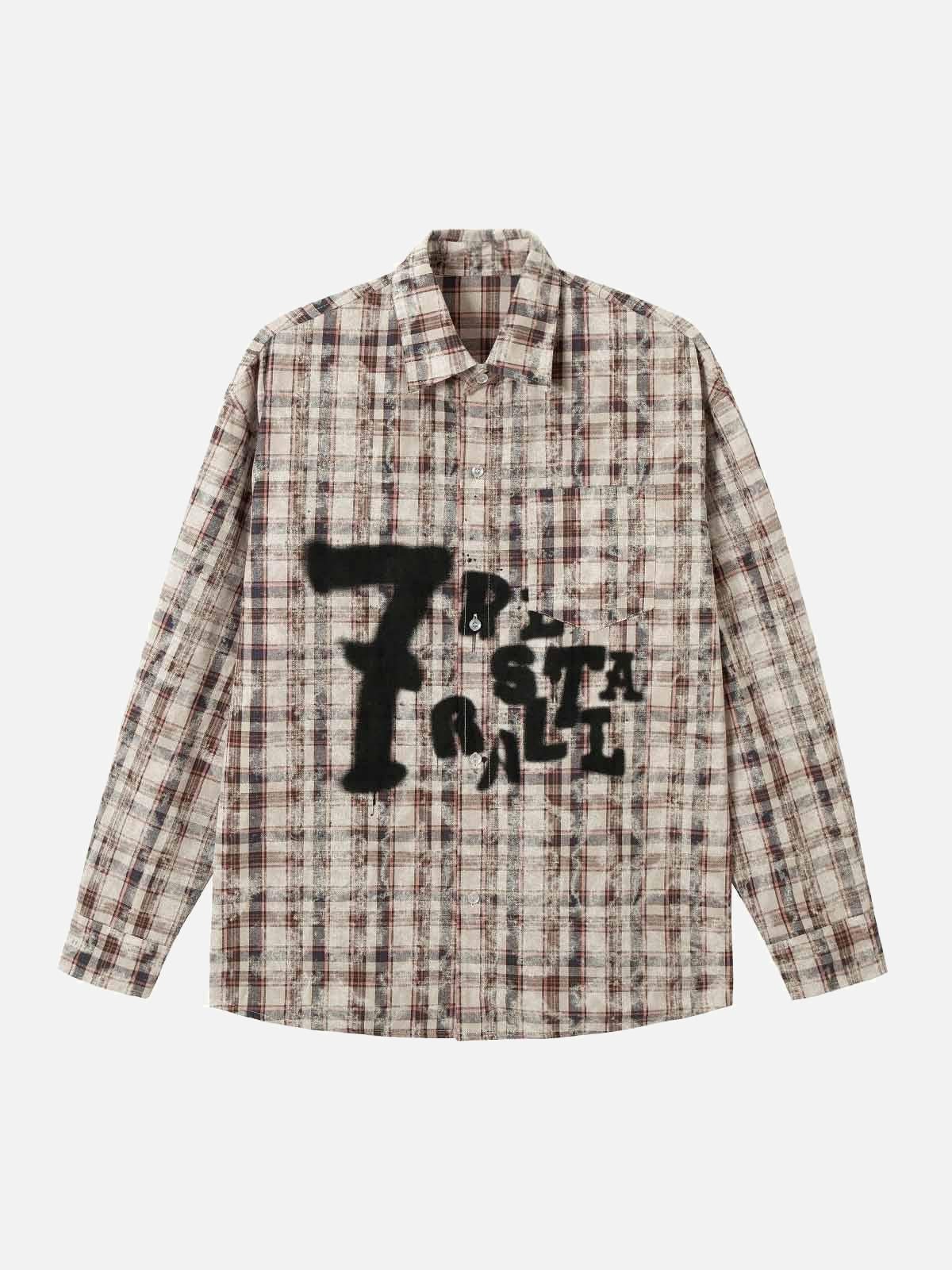 Concert Outfit Plaid Graffiti Spray-Painted Letters Long Sleeve Shirt
