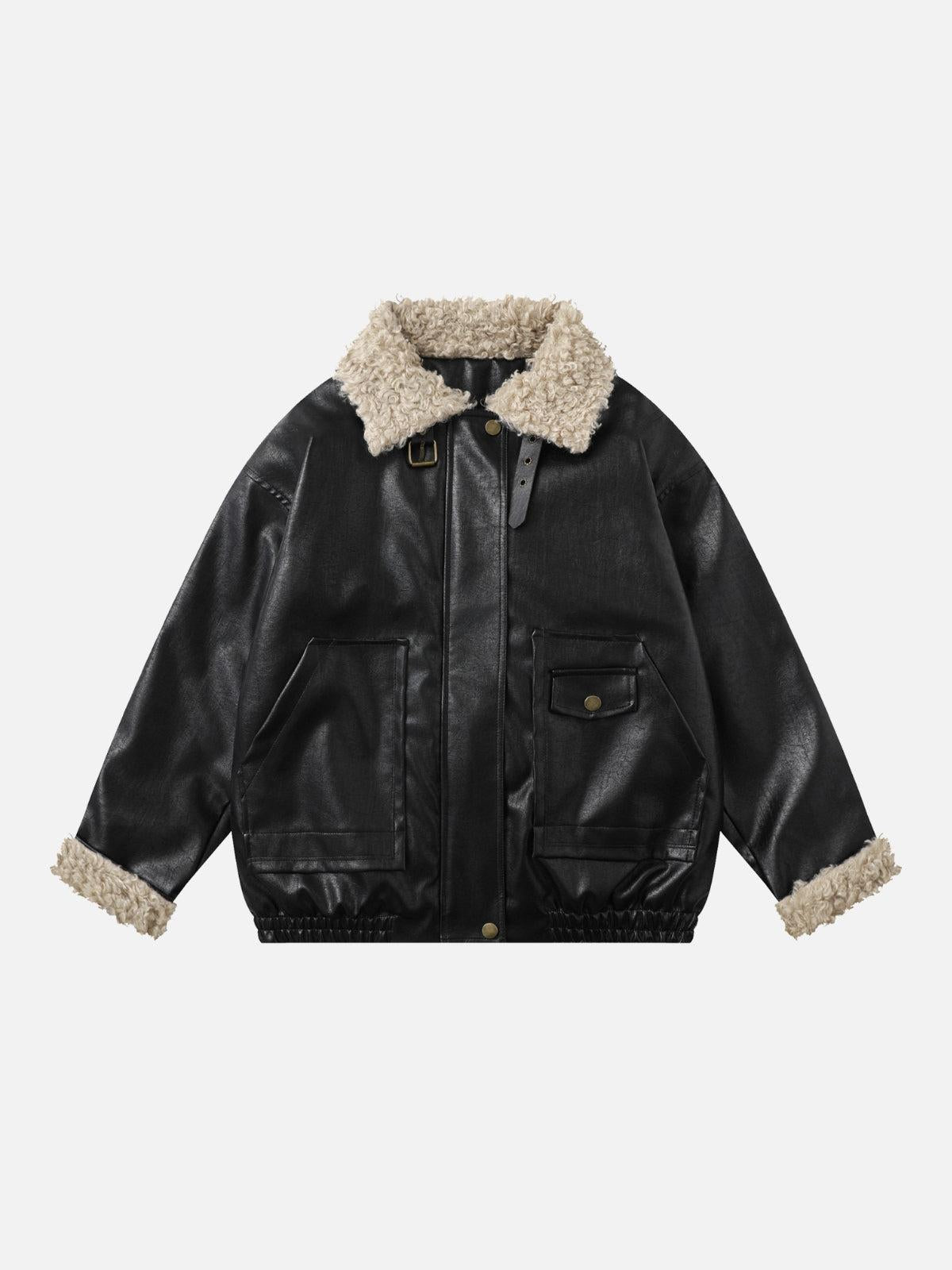 Concert Outfit Plush Collar Faux Leather Jacket