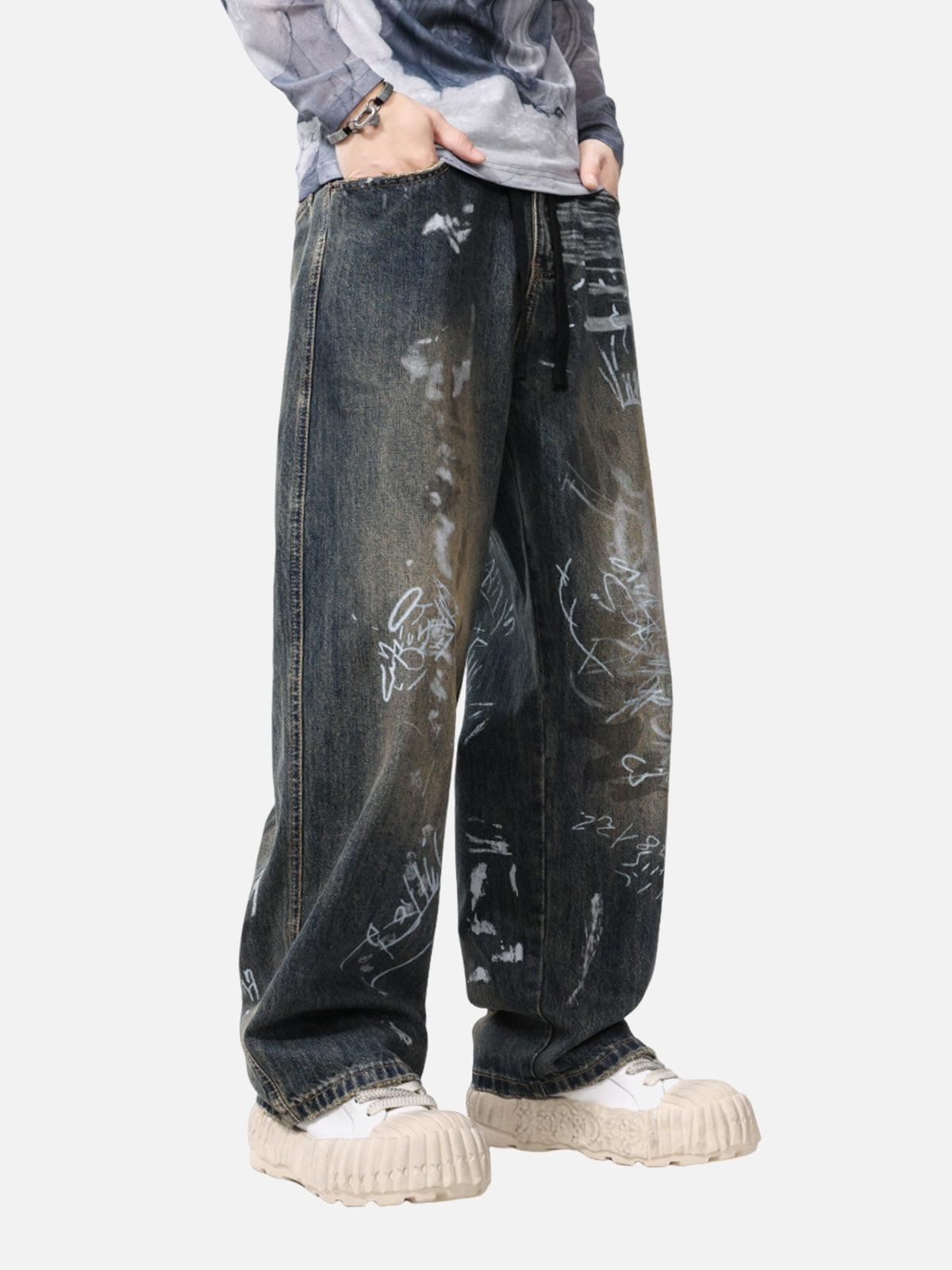 Concert Outfit Print Hand-Painted Graffiti Drawstring Baggy Jeans