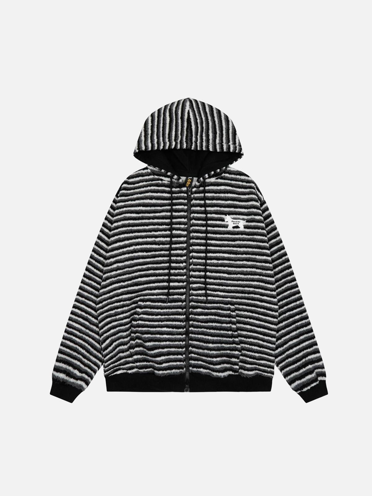 Concert Outfit Puppy Patch Embroidered Striped Zip-Up Hoodie