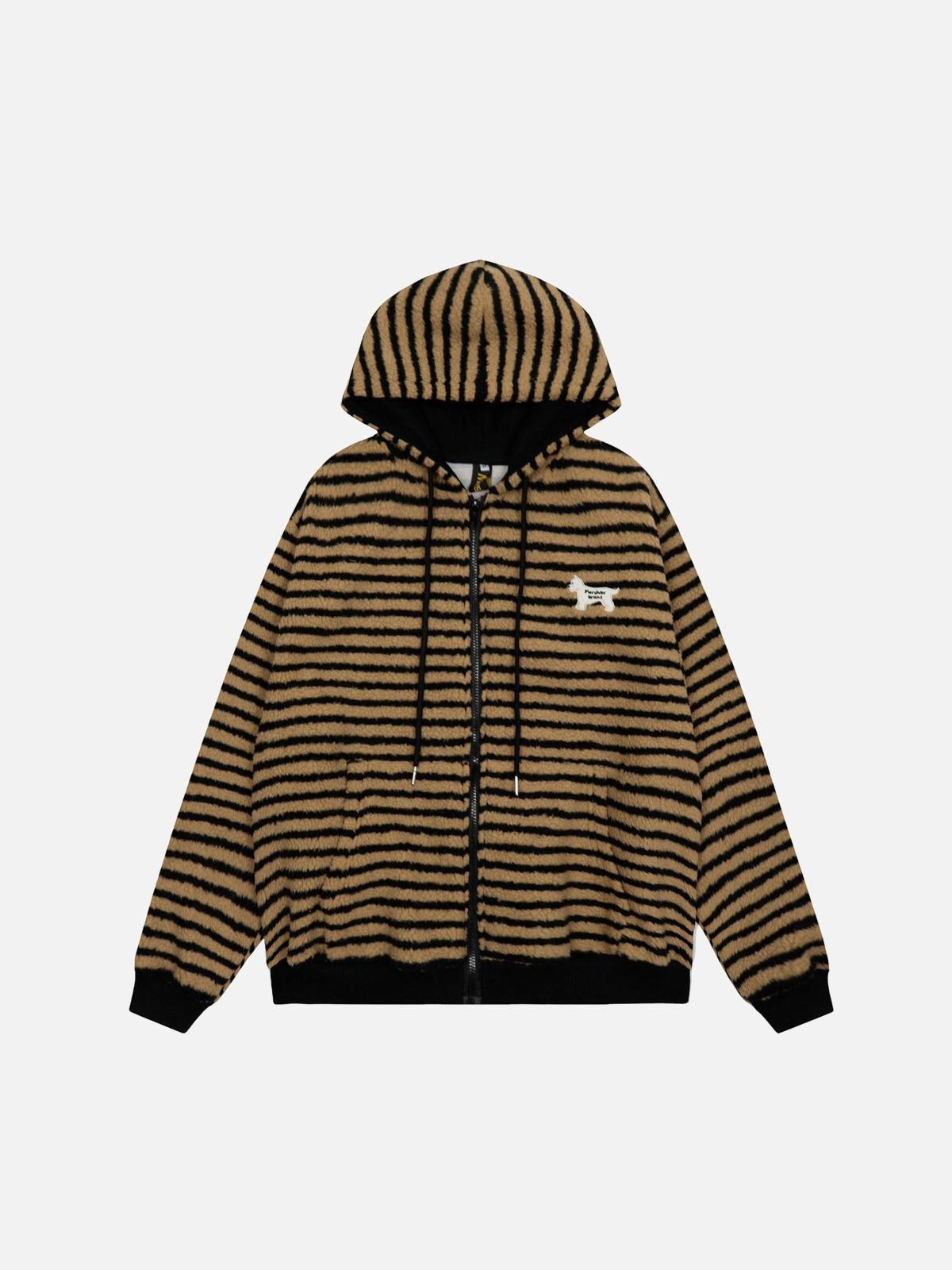 Concert Outfit Puppy Patch Embroidered Striped Zip-Up Hoodie