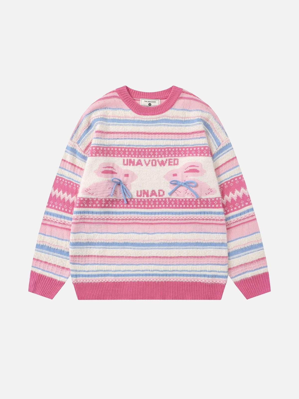 Concert Outfit Rabbit Jacquard Bow Decorative Stripes Sweater