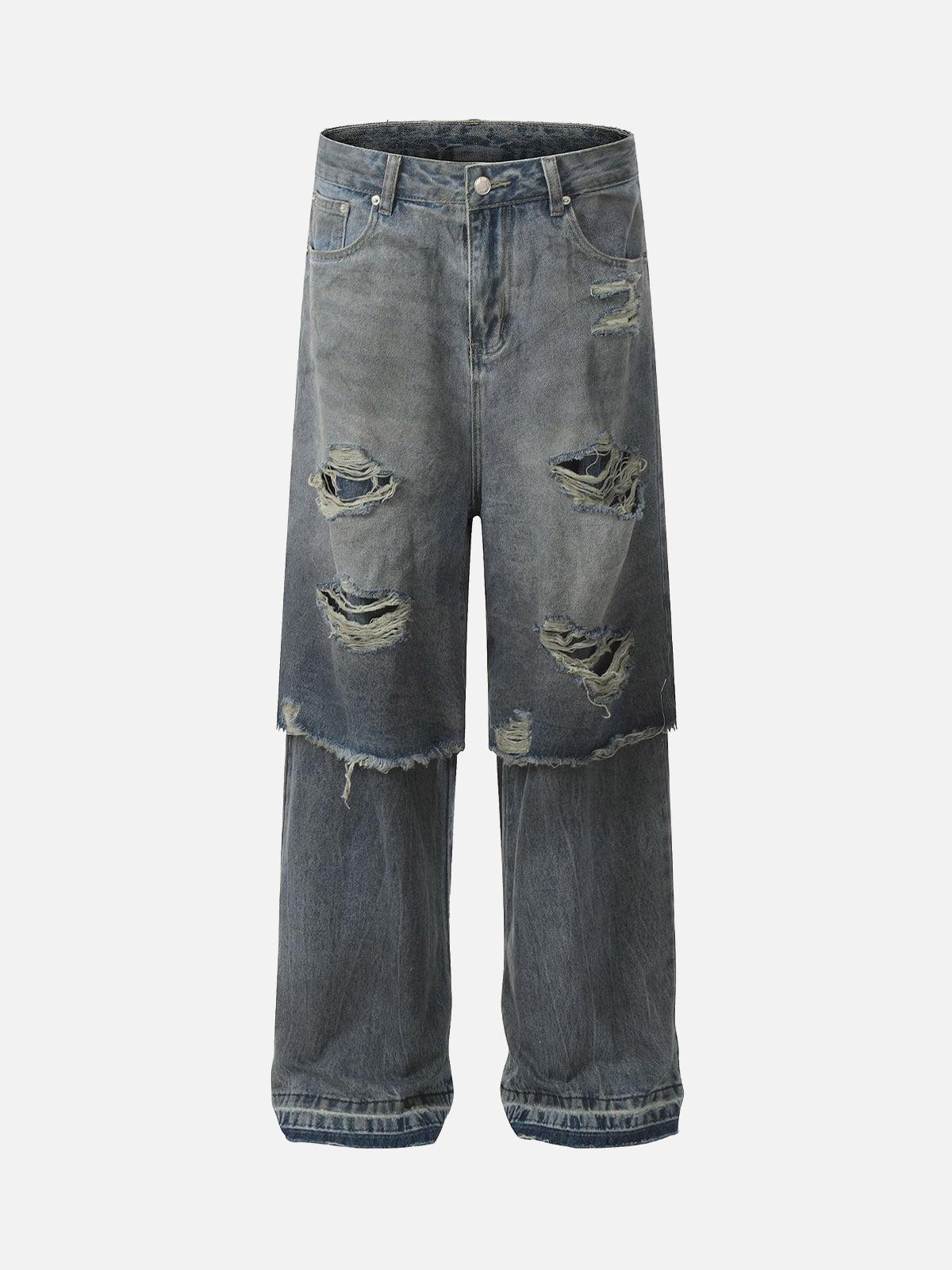 Concert Outfit Retro Distressed Faux Two-Piece Ripped Jeans