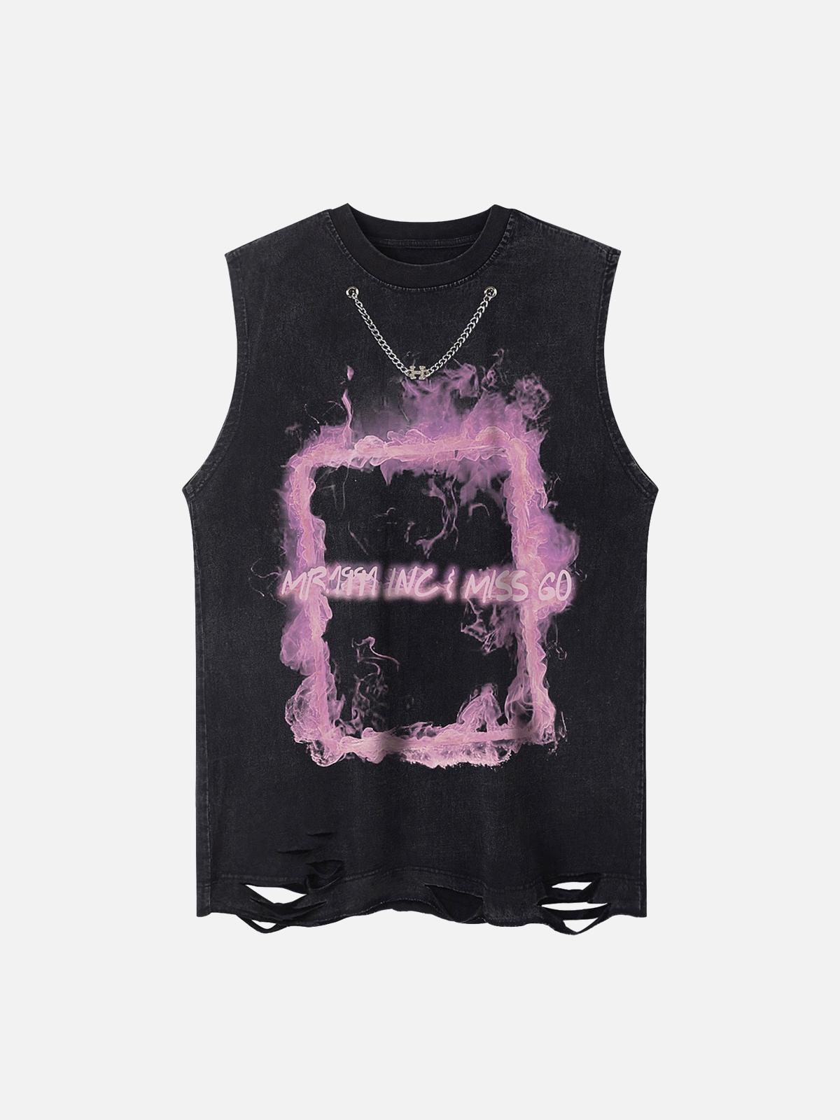 Concert Outfit Retro Distressed Washed Smoke Printed Vest