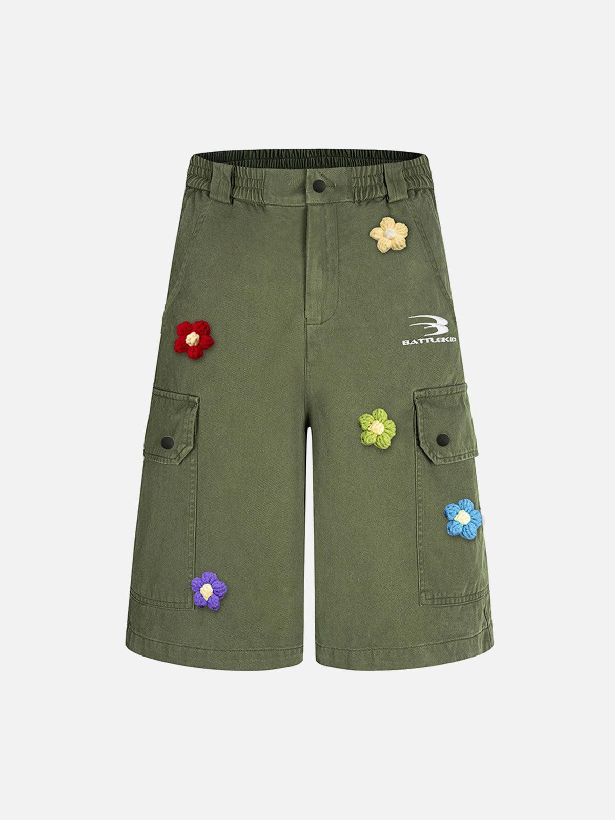 Concert Outfit Retro Floral Embroidered Pleated Multi-Pocket Cargo Jorts