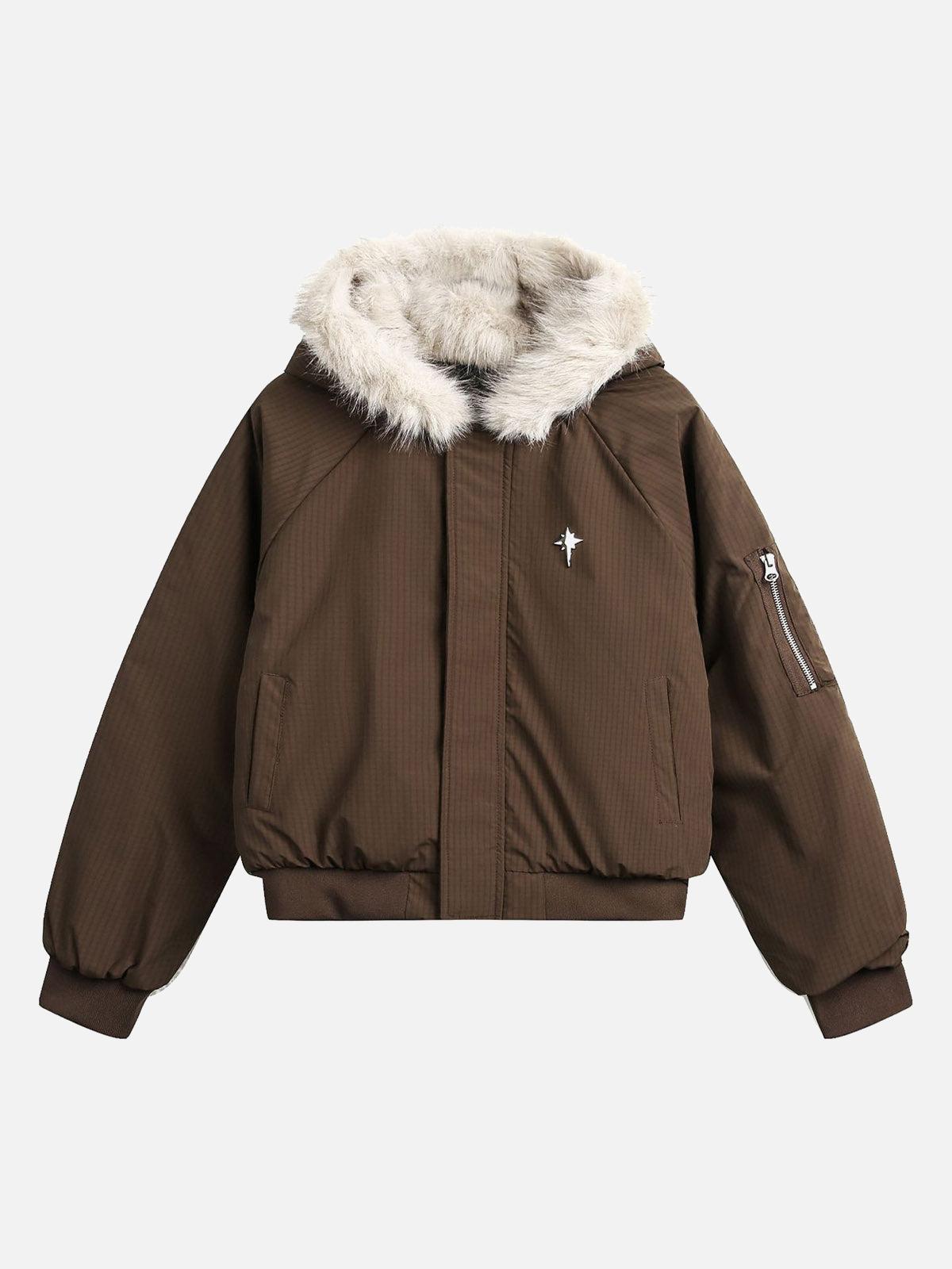 Concert Outfit Retro Fur Hooded Fleece Bomber Jacket