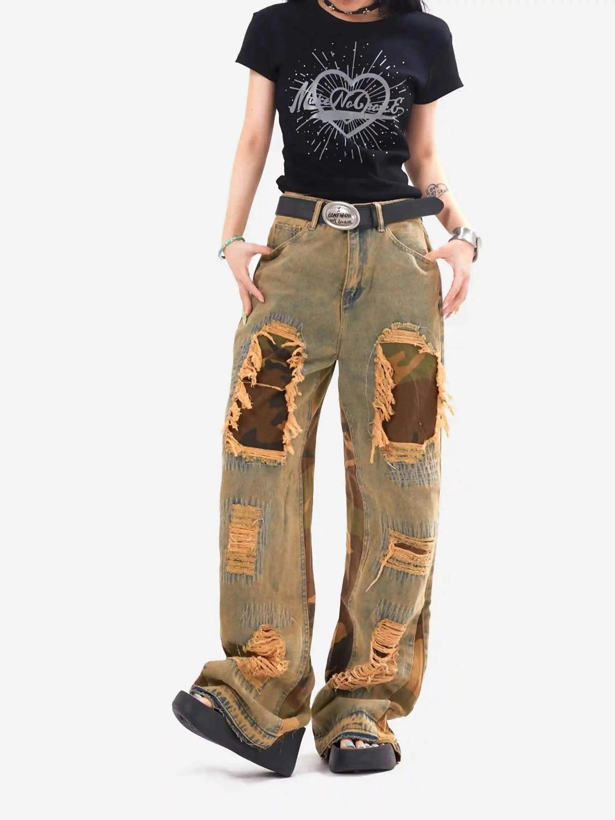 Concert Outfit Retro Patchwork Camouflage Flared Jeans