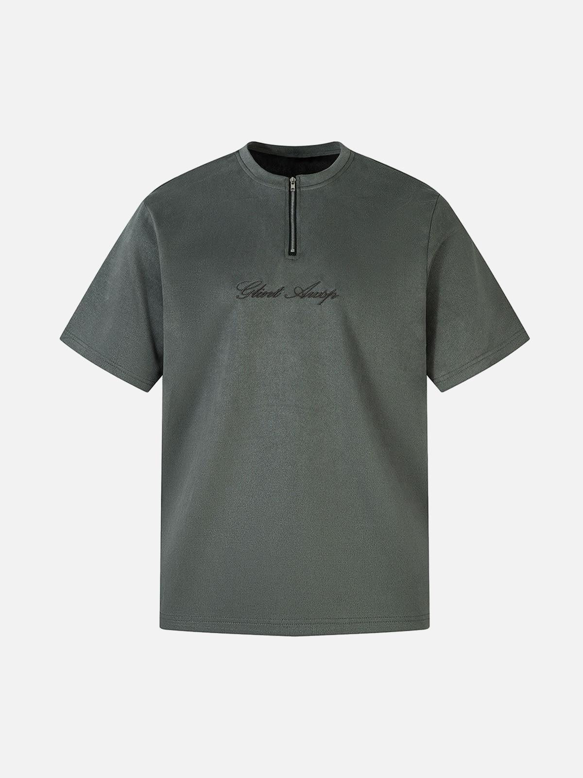 Concert Outfit Retro Quarter Zip Up Suede Embroidered T-Shirt