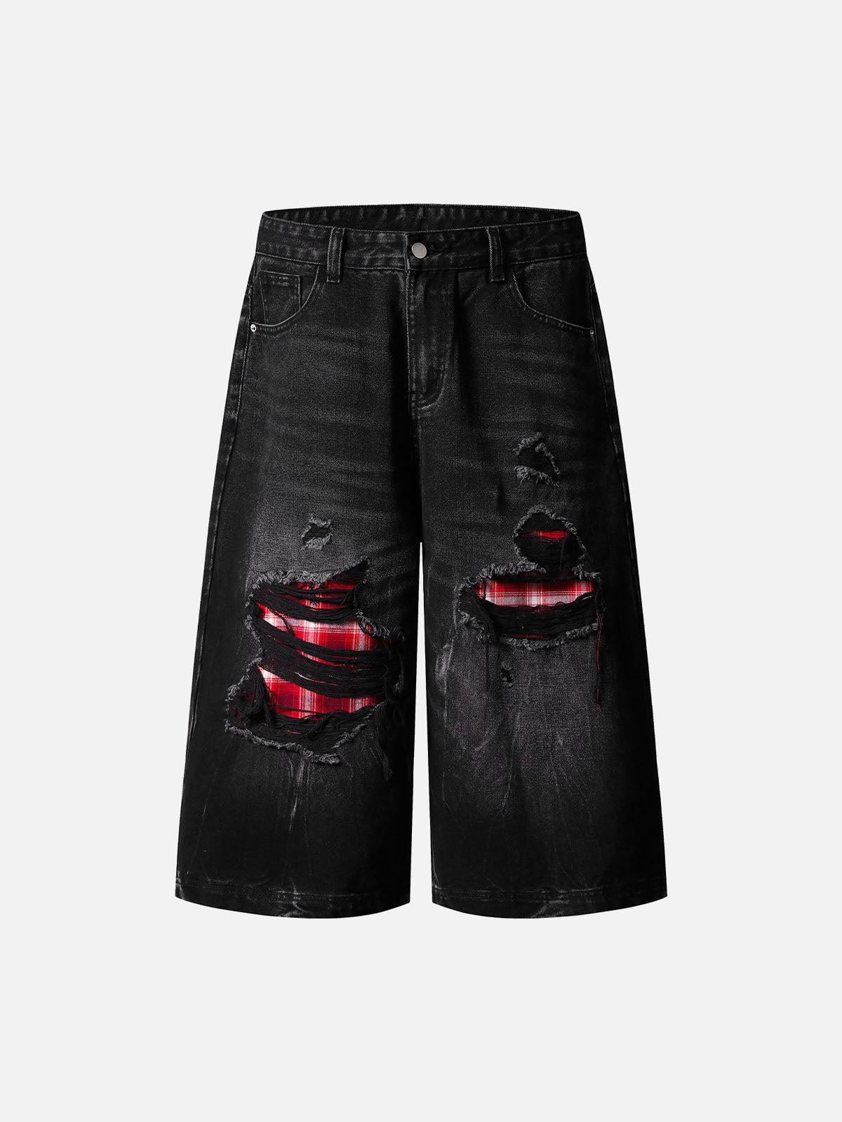 Concert Outfit Retro Ripped Contrast Plaid Denim Shorts