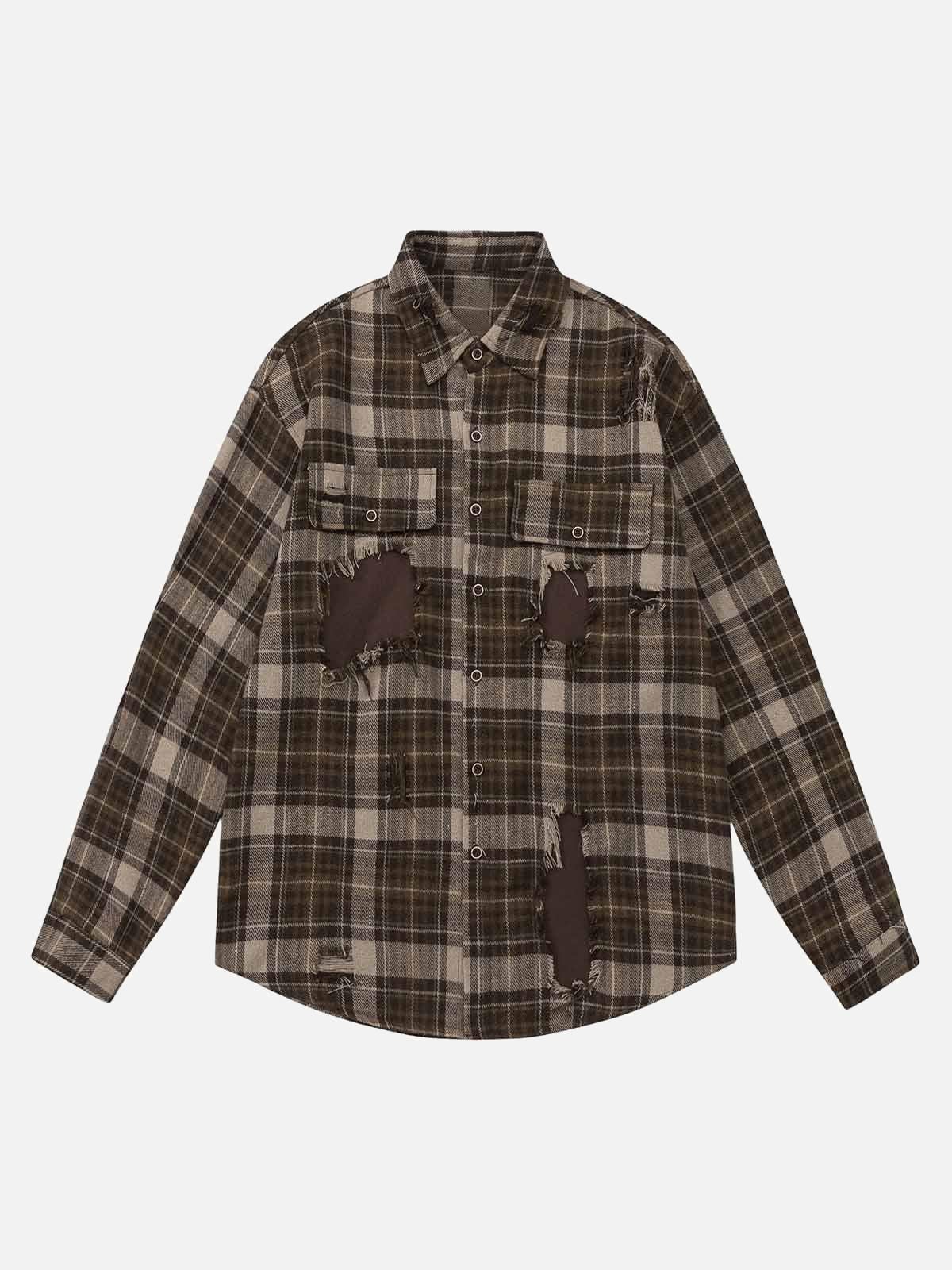 Concert Outfit Retro Ripped Patchwork Long Sleeve Plaid Shirt