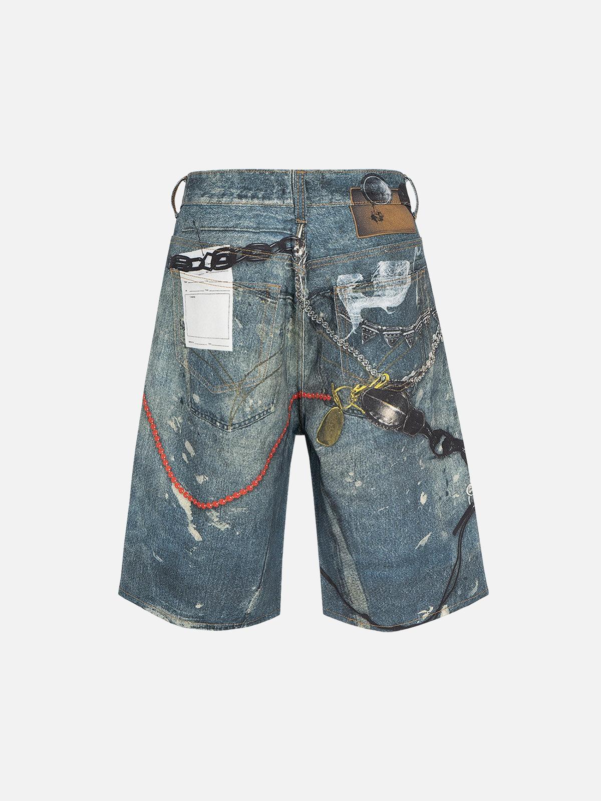 Concert Outfit Retro Scissors Print Cropped Denim Shorts