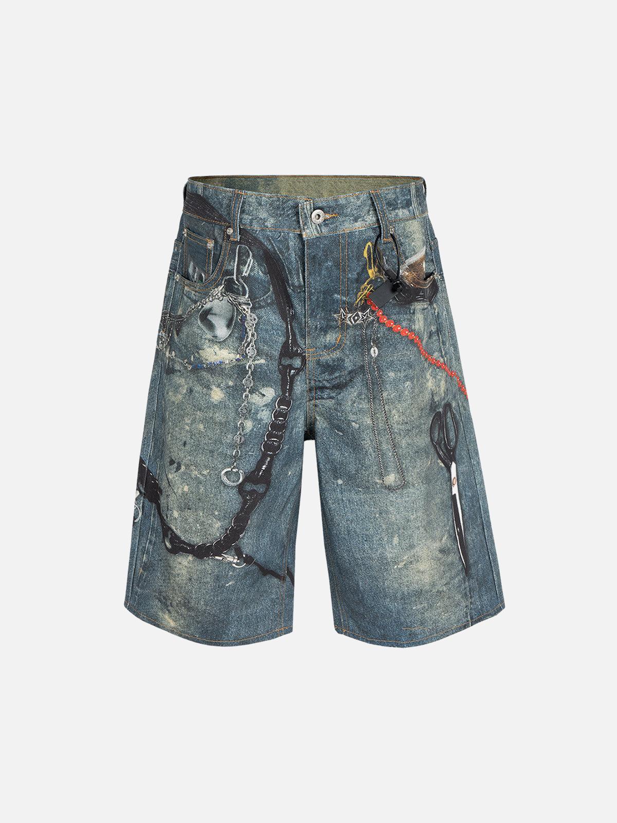 Concert Outfit Retro Scissors Print Cropped Denim Shorts