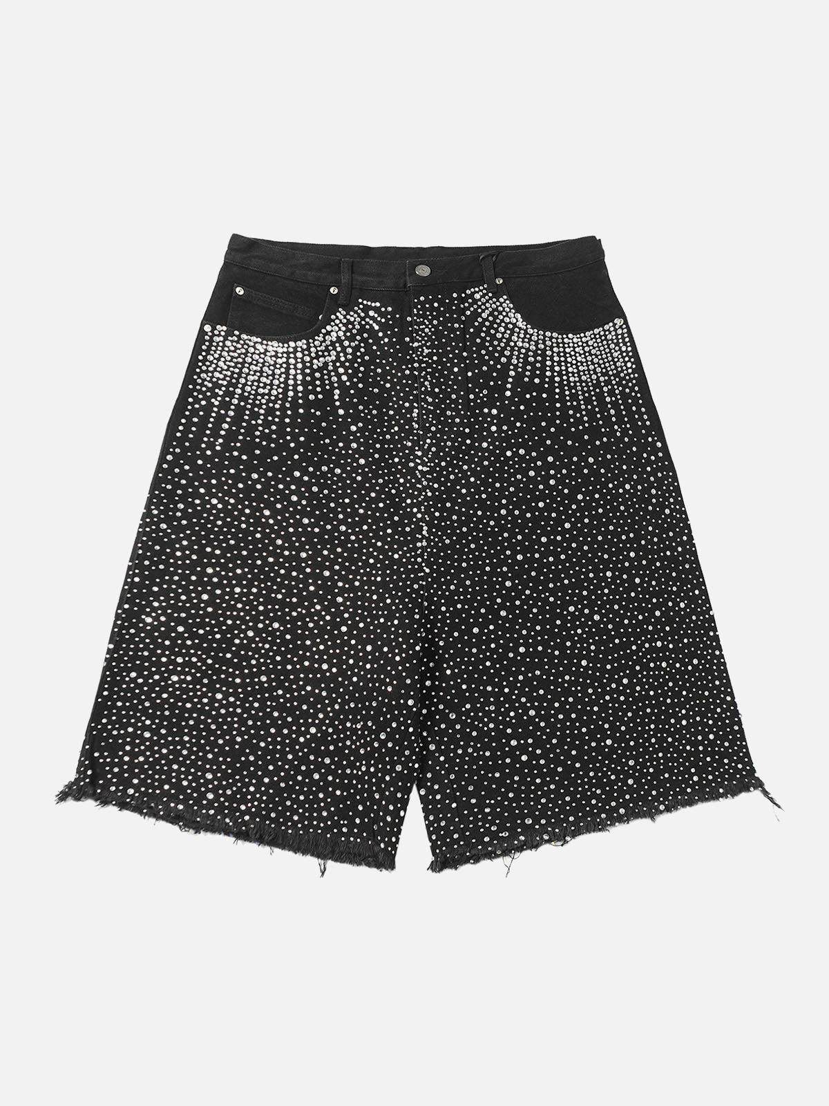 Concert Outfit Retro Washed Rhinestone Raw Edge Denim Shorts