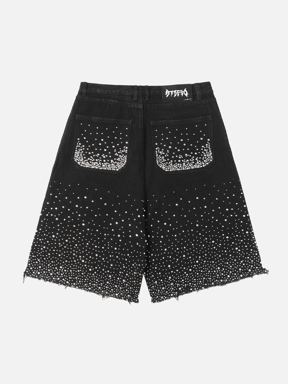 Concert Outfit Retro Washed Rhinestone Raw Edge Denim Shorts