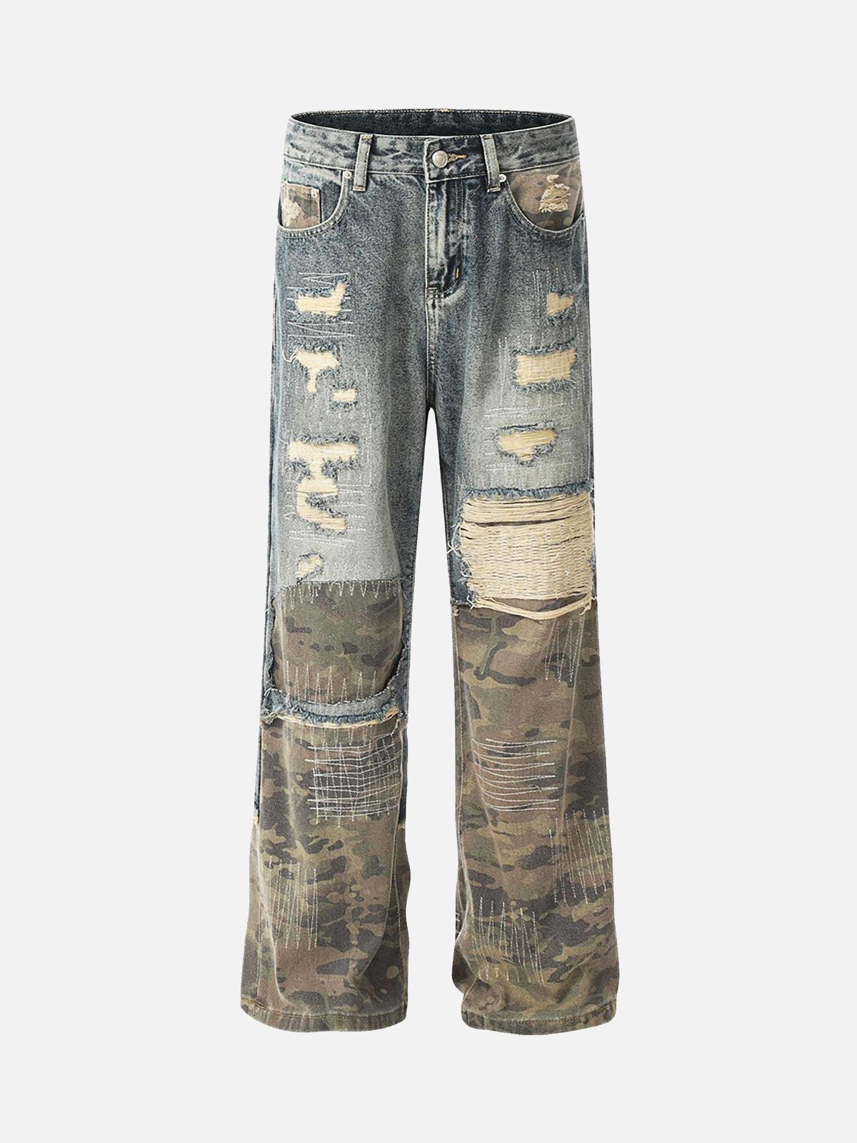Concert Outfit Ripped Camouflage Patchwork Baggy Jeans