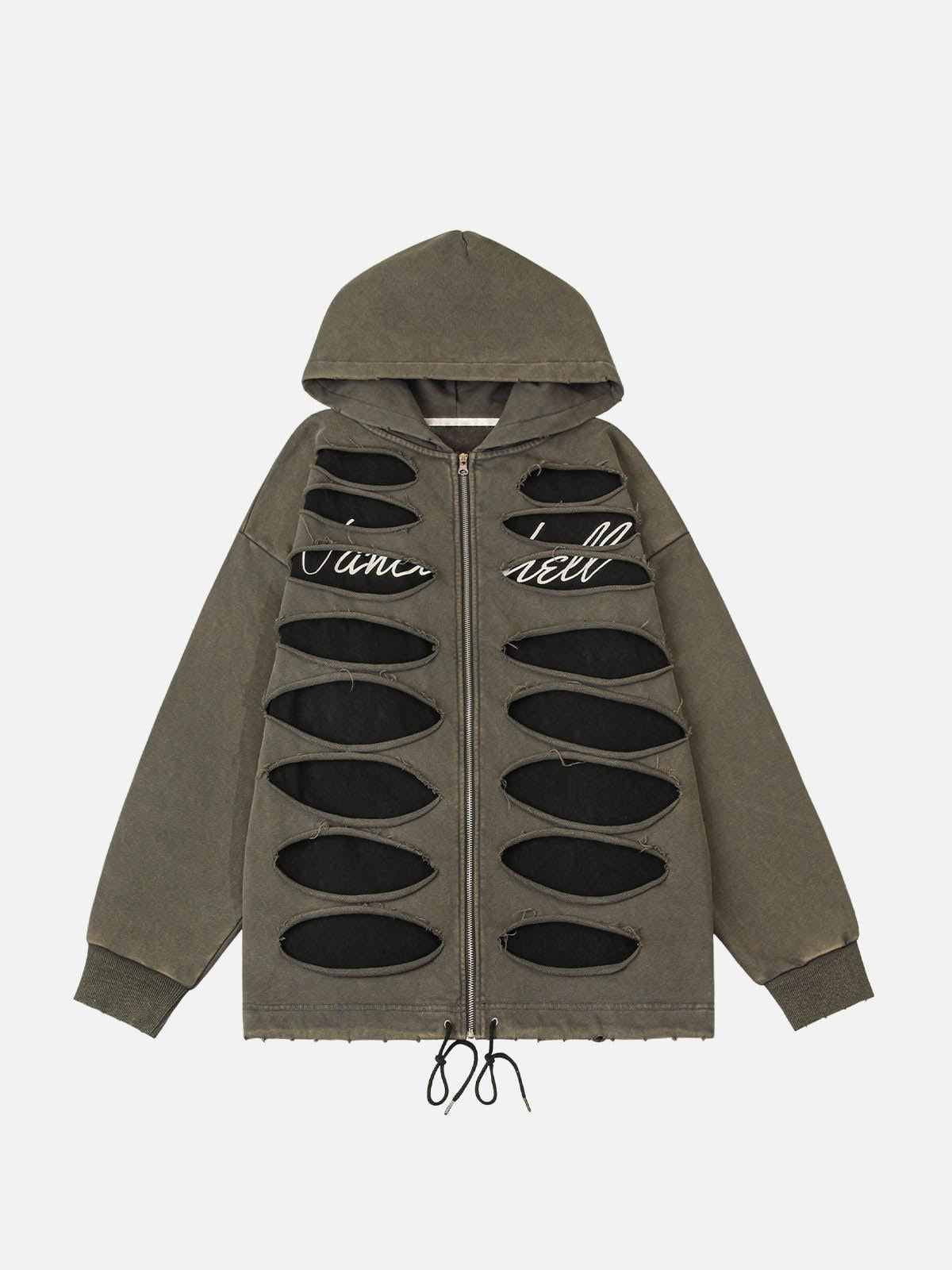 Concert Outfit Ripped Drawstring Zip-Up Jacket