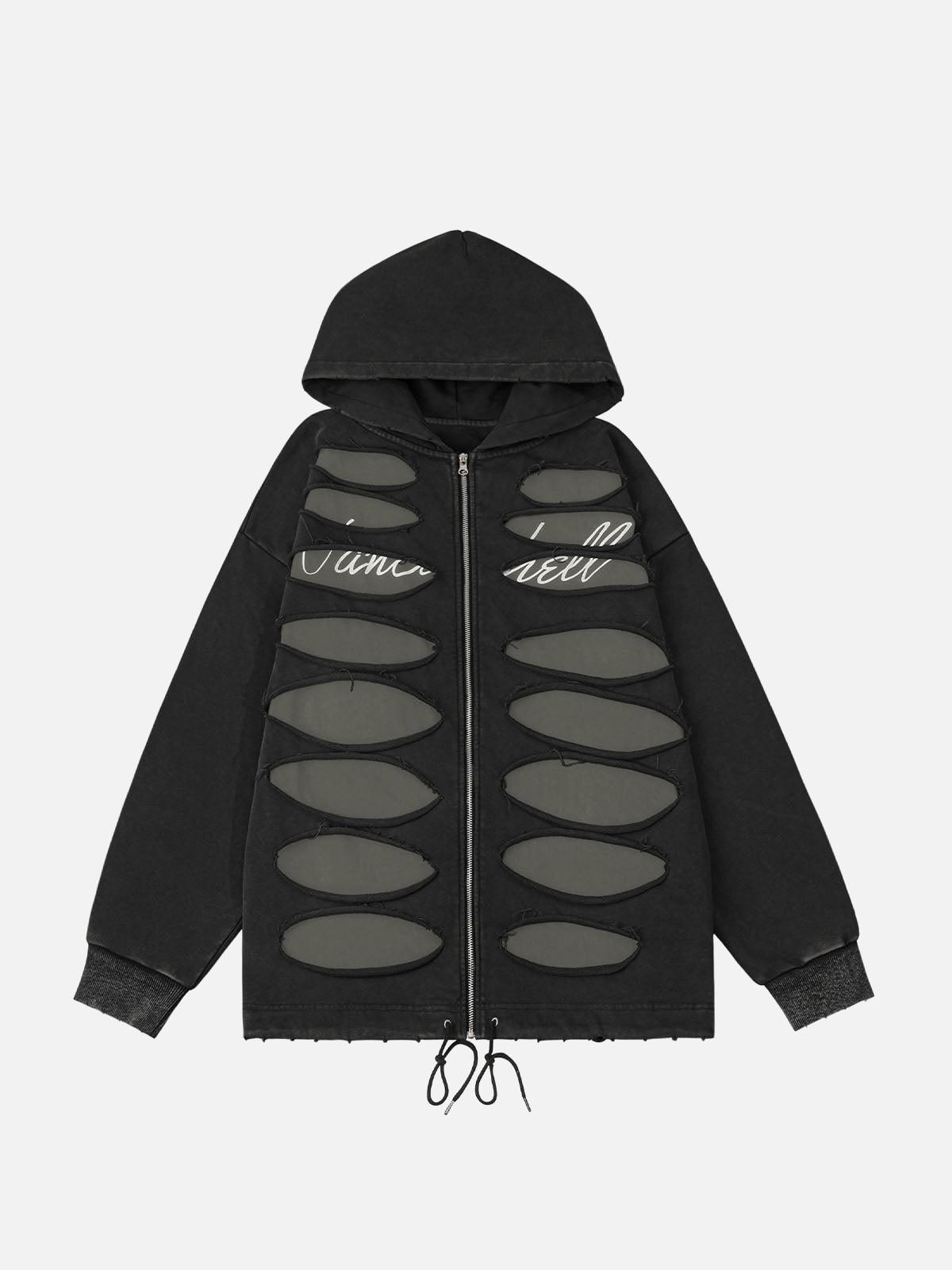 Concert Outfit Ripped Drawstring Zip-Up Jacket