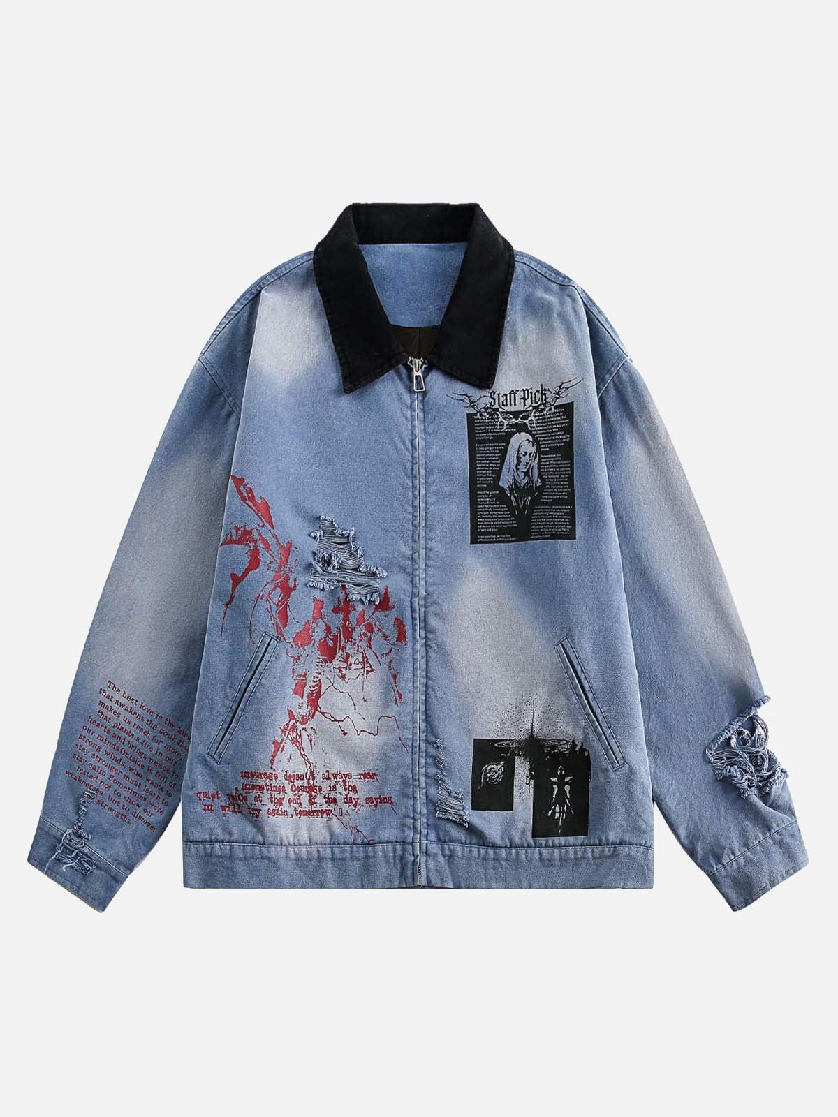 Concert Outfit Ripped Graffiti Washed Zip Up Denim Jacket