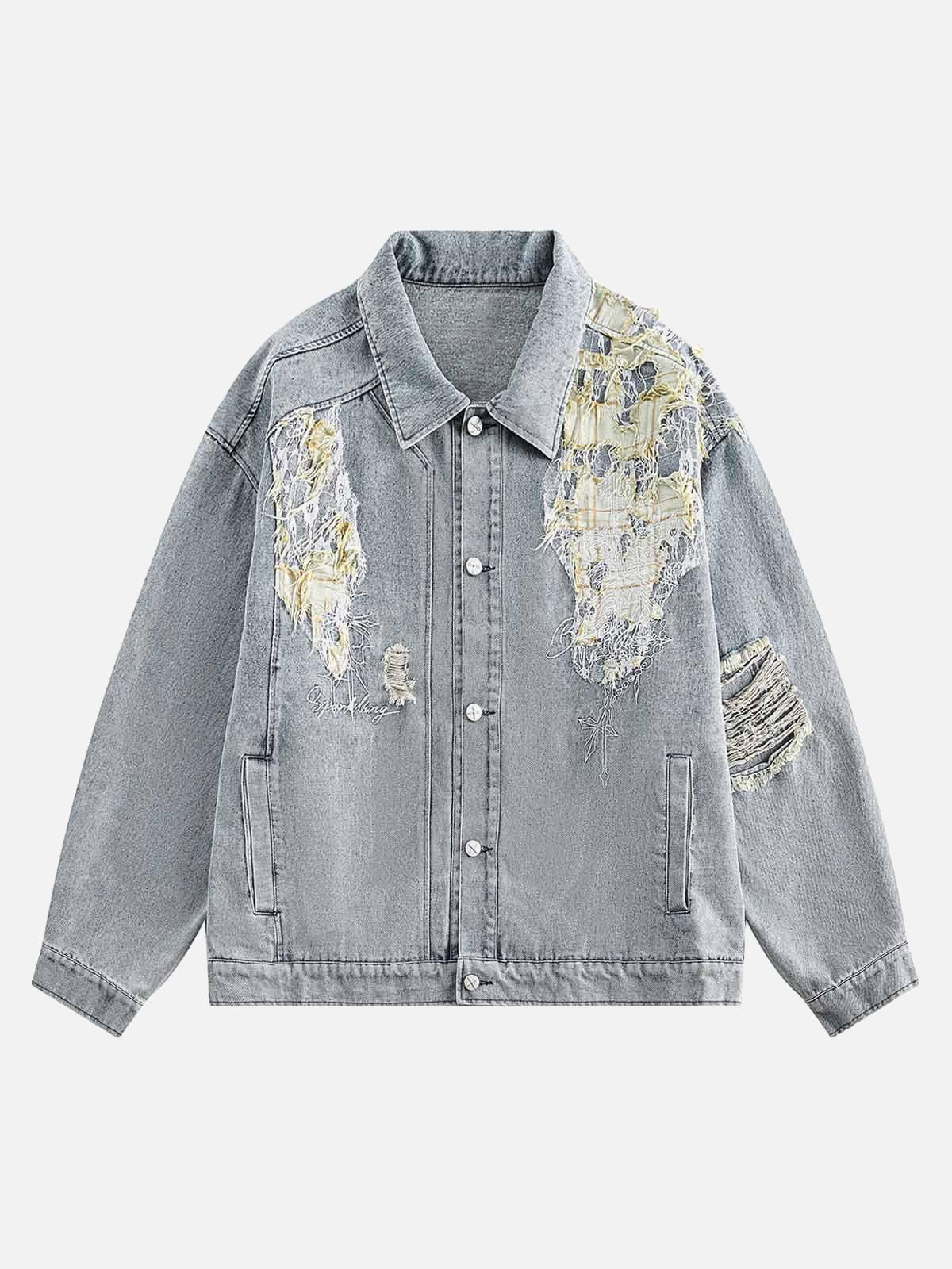 Concert Outfit Ripped Lace Panel Denim Jacket