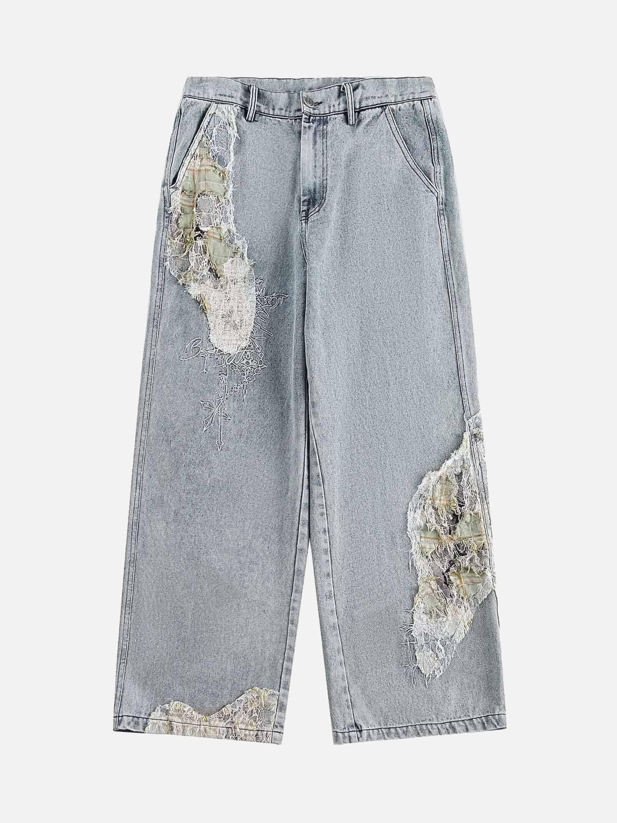 Concert Outfit Ripped Lace Panel Denim Pants