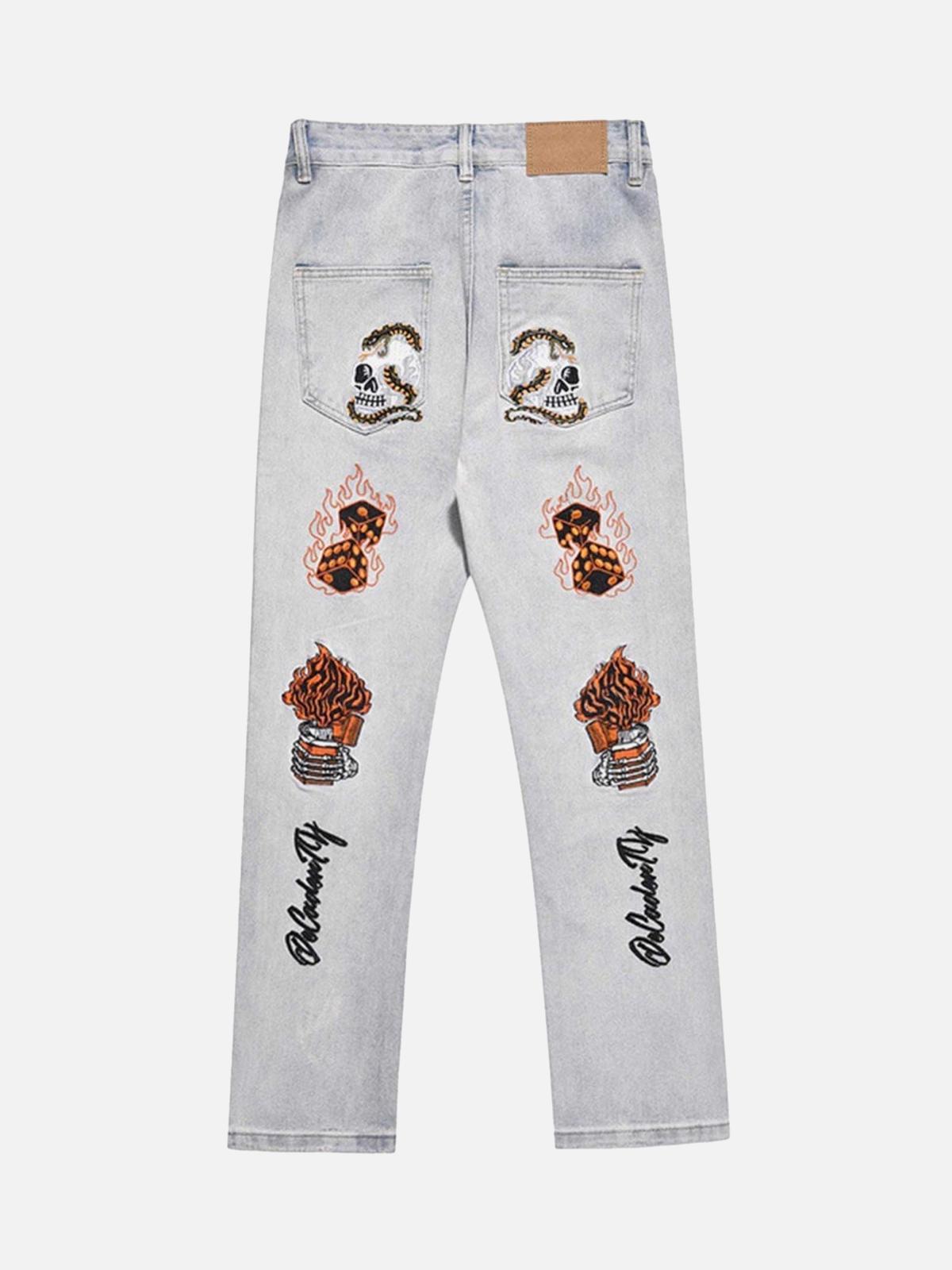 Concert Outfit Skull Flame Monogram Embroidered Slim Fit Jeans