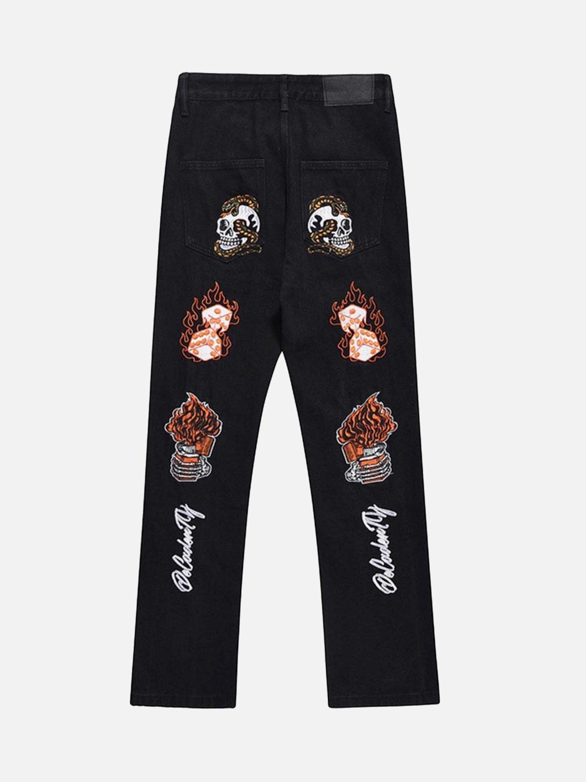 Concert Outfit Skull Flame Monogram Embroidered Slim Fit Jeans